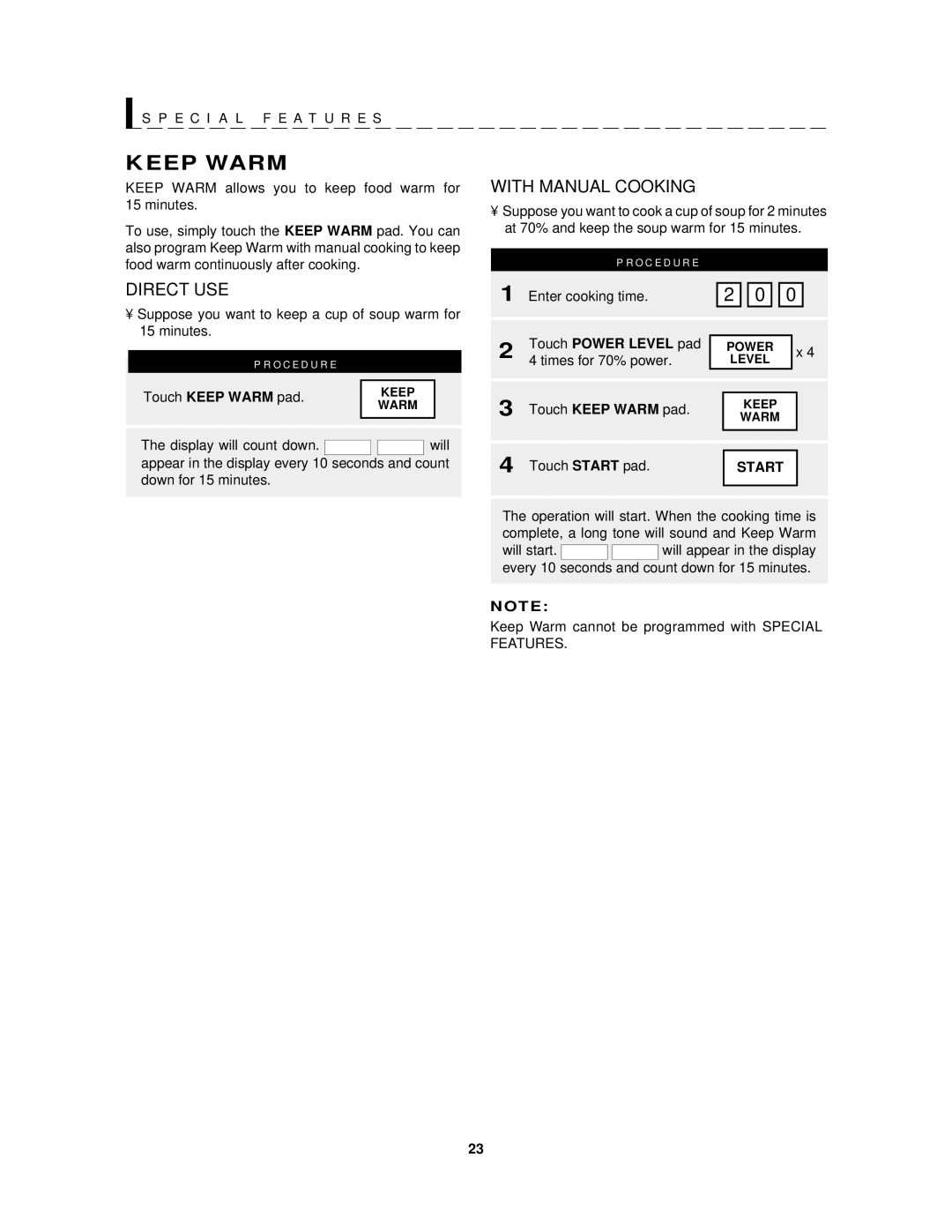 Sharp R-1201, R-1200 operation manual Keep Warm, Touch Power Level pad 