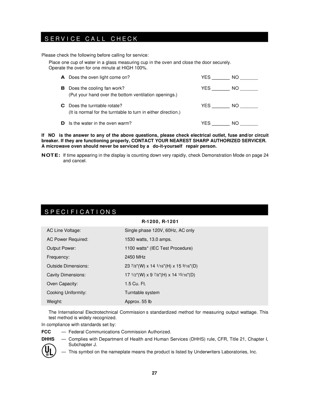 Sharp R-1200 operation manual R V I C E C a L L C H E C K, Specification S, 1200, R-1201 