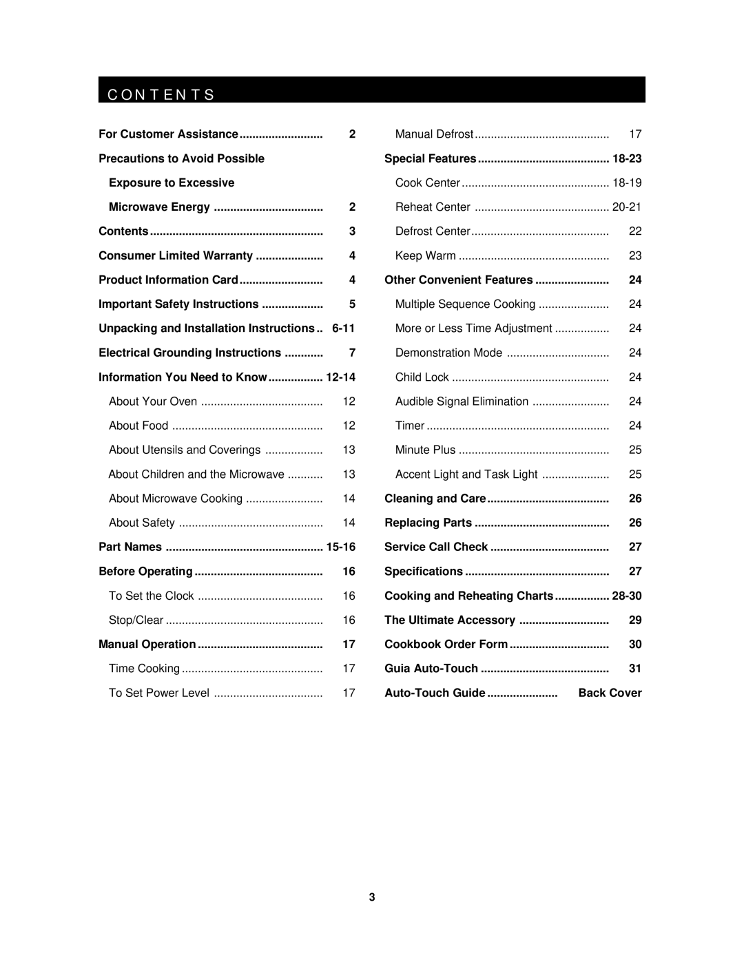 Sharp R-1201, R-1200 operation manual N T E N T S, Cook Center, Microwave Energy Reheat Center, Minute Plus, Back Cover 