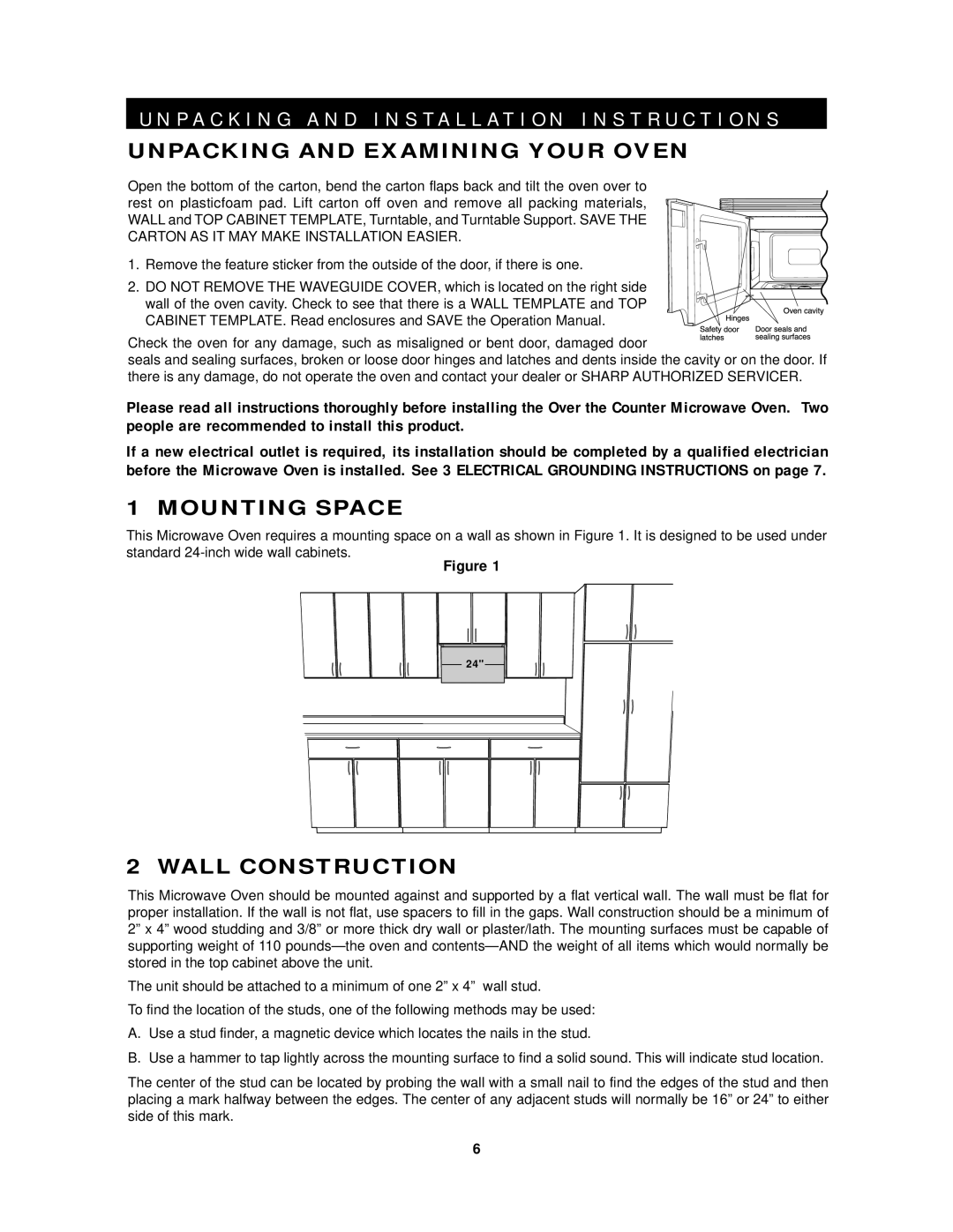 Sharp R-1200, R-1201 operation manual Unpacking and Examining Your Oven, Mounting Space, Wall Construction 