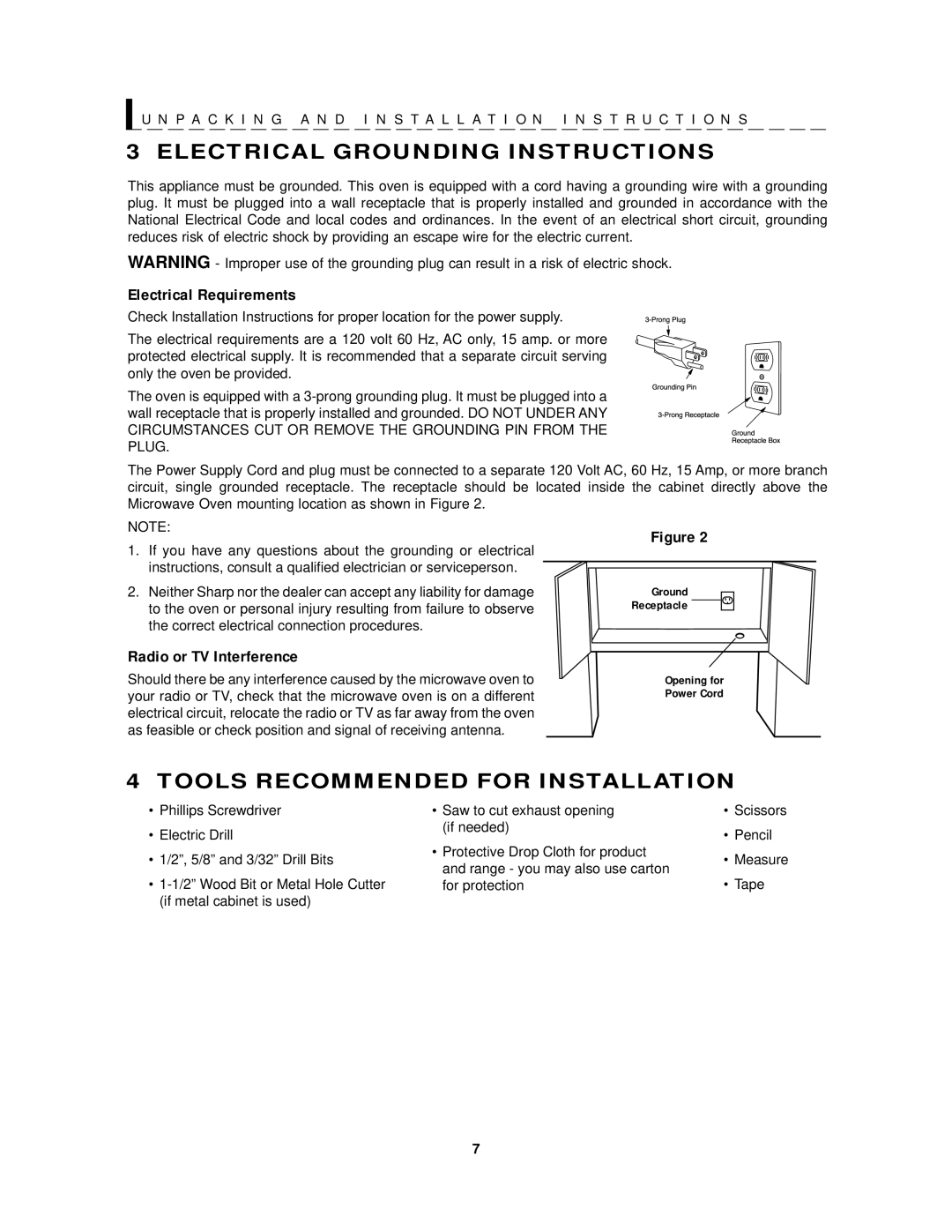 Sharp R-1201, R-1200 operation manual Electrical Grounding Instructions, Tools Recommended for Installation 