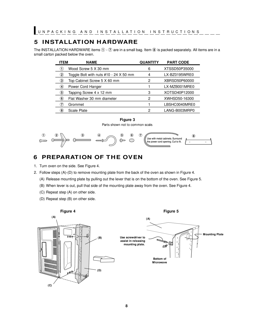 Sharp R-1200, R-1201 operation manual Installation Hardware, Preparation of the Oven 
