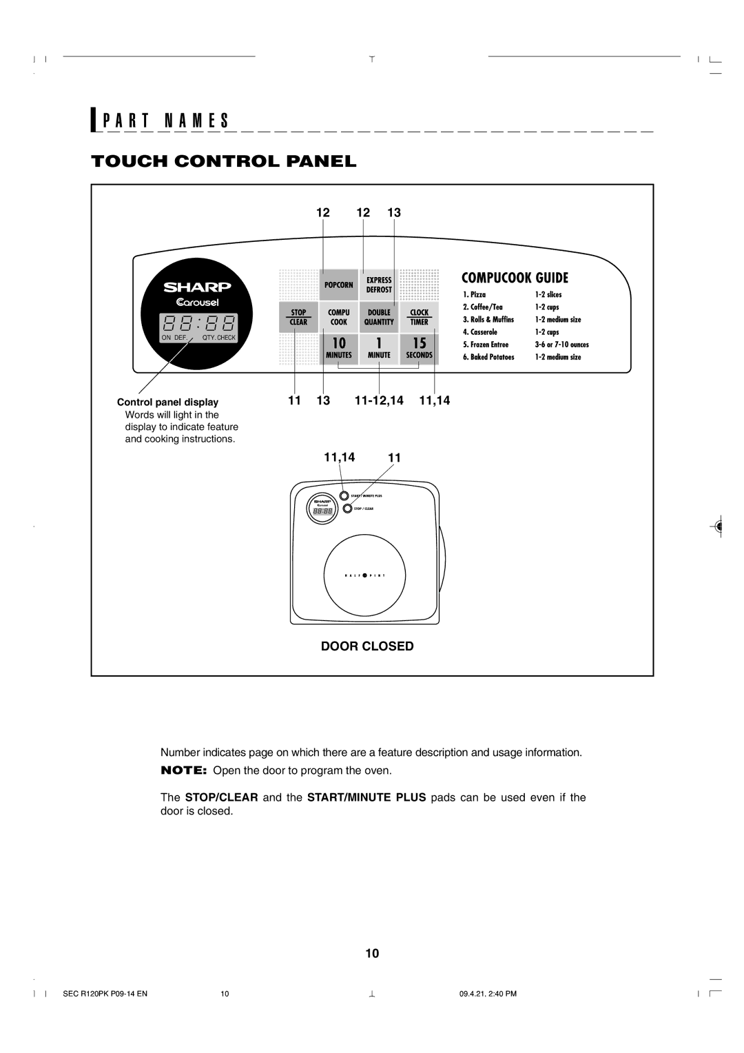 Sharp R-120PK operation manual R T N a M E S, Touch Control Panel 