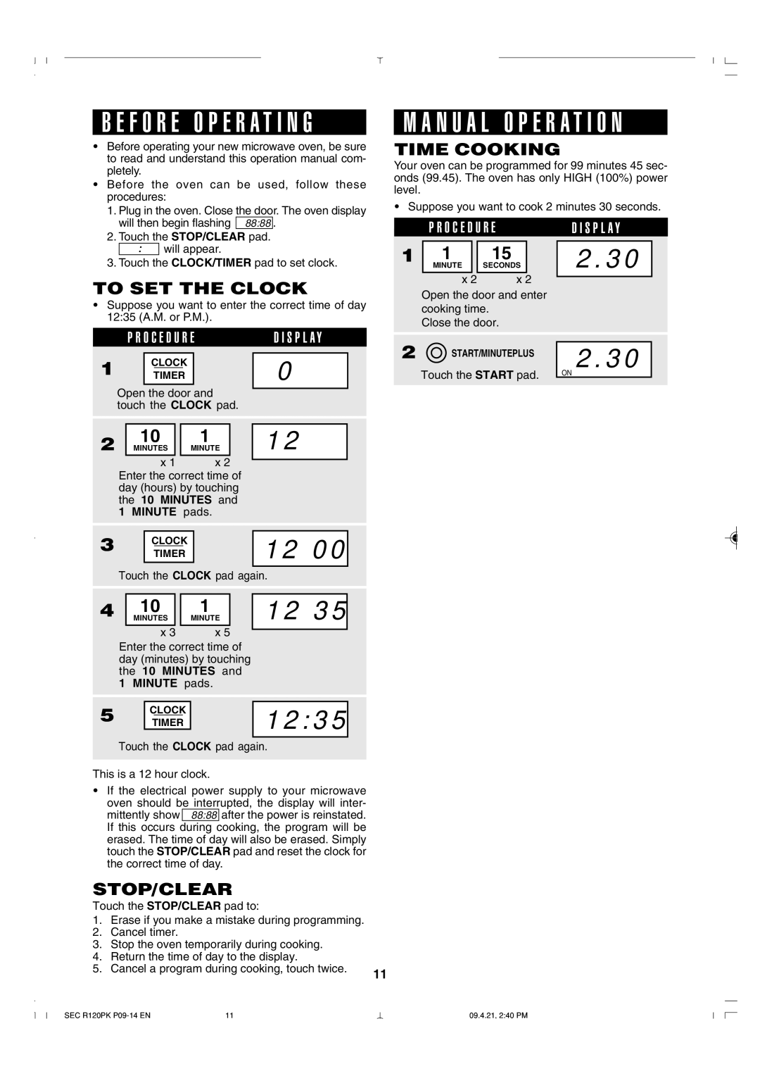 Sharp R-120PK operation manual To SET the Clock, Time Cooking, Stop/Clear, O C E D U R ED I S P L a Y 