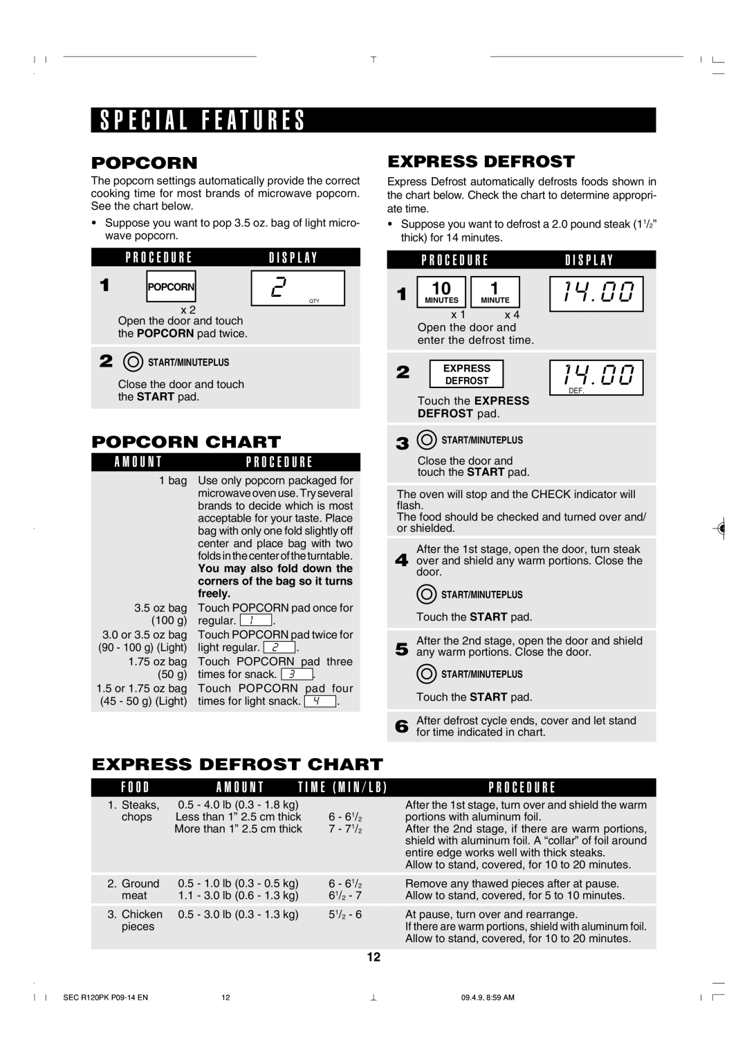 Sharp R-120PK operation manual Popcorn Chart, Express Defrost Chart 