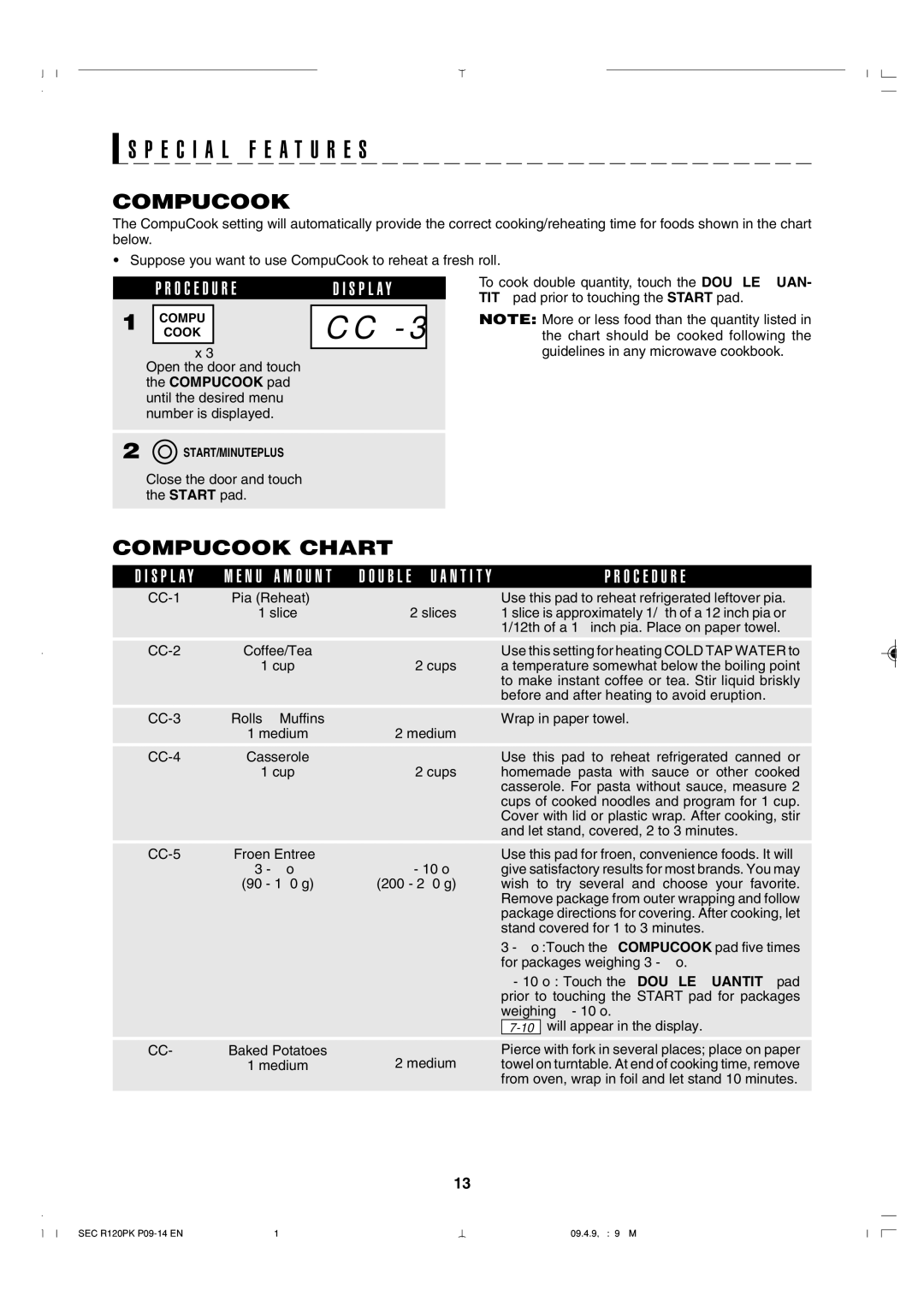 Sharp R-120PK operation manual Compucook Chart 