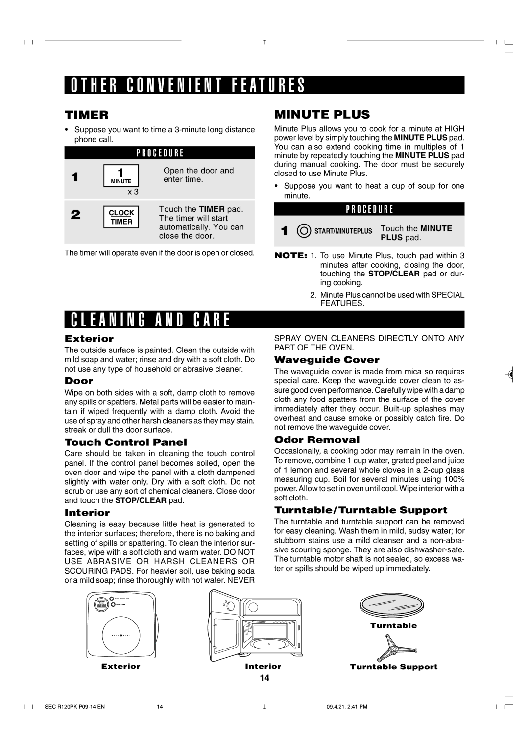 Sharp R-120PK H E R C O N V E N I E N T F E a T U R E S, E a N I N G a N D C a R E, Timer, Minute Plus, Plus pad 