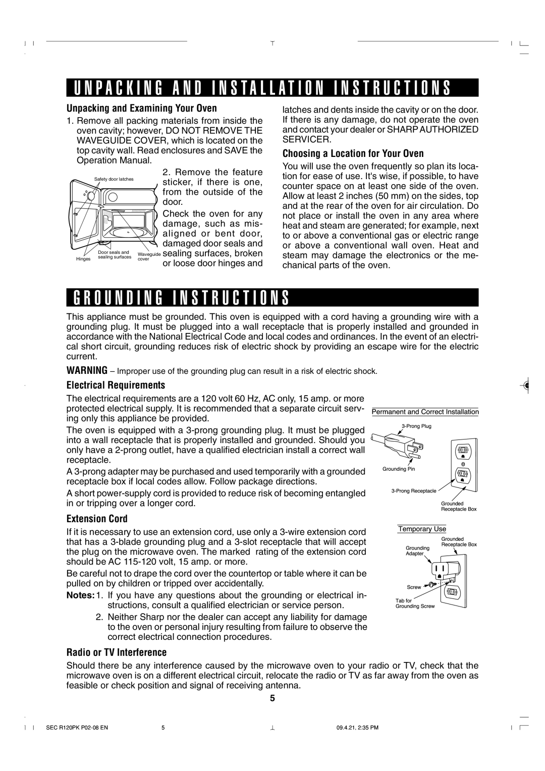 Sharp R-120PK O U N D I N G I N S T R U C T I O N S, P a C K I N G a N D Installation I N S T R U C T I O N S 