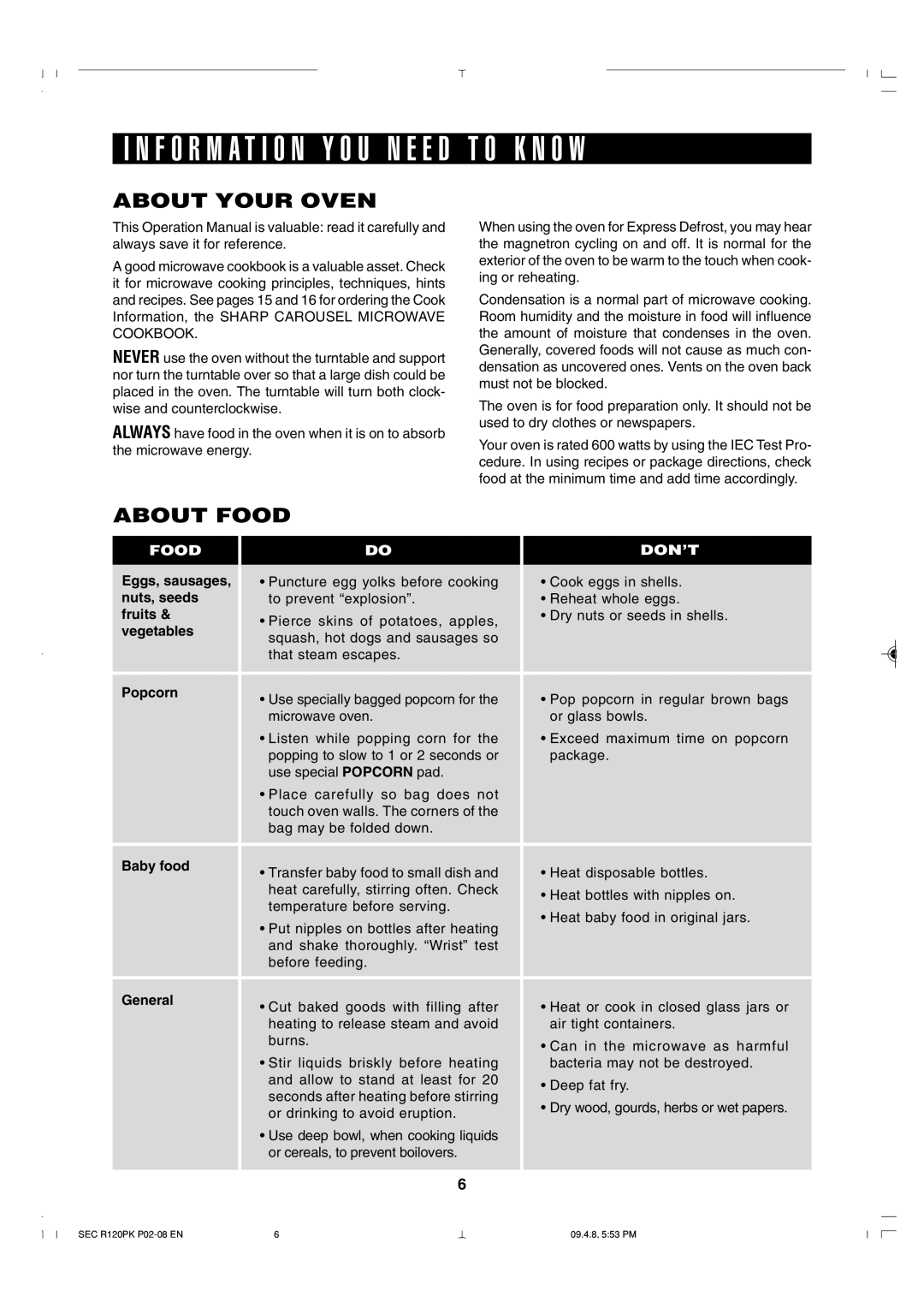 Sharp R-120PK operation manual About Your Oven, About Food 