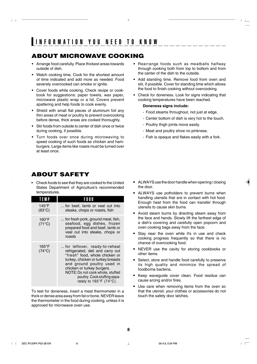 Sharp R-120PK operation manual About Microwave Cooking, About Safety, M P O D, Doneness signs include 