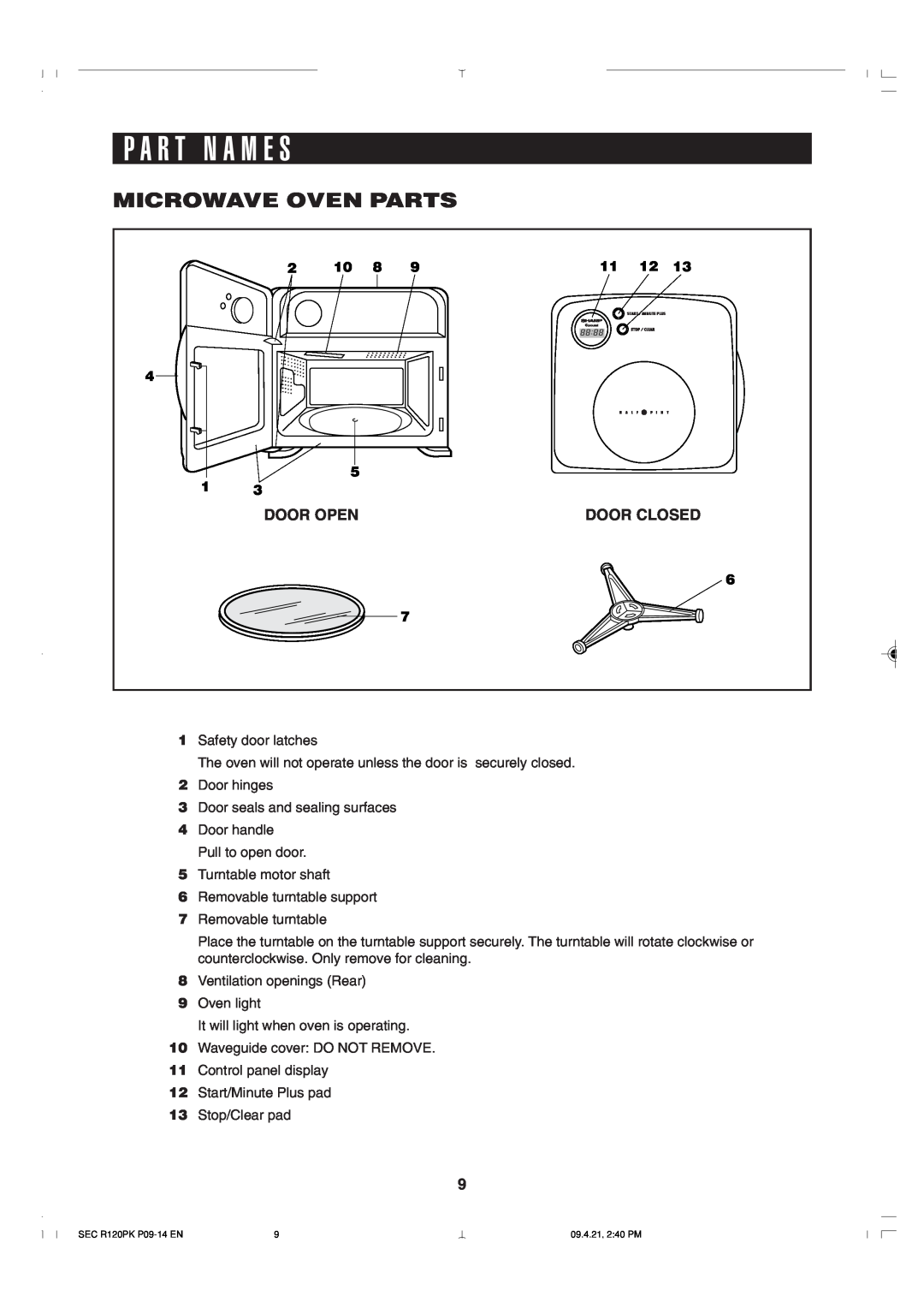 Sharp R-120PK operation manual P A R T N A M E S, Microwave Oven Parts 
