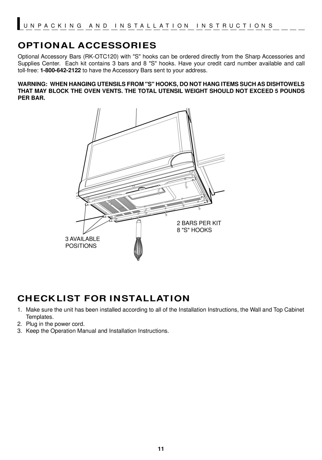 Sharp R-1210, R-1211 Optional Accessories, Checklist for Installation, Bars PER KIT Hooks Available Positions 