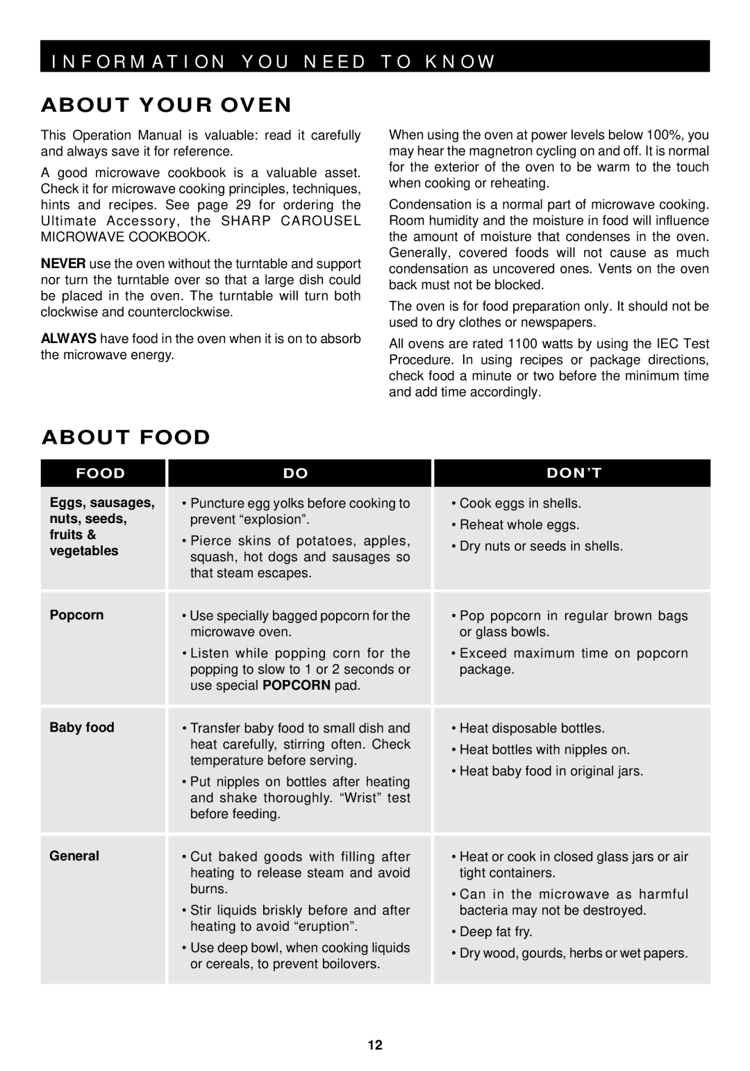 Sharp R-1211, R-1210 operation manual About Your Oven, About Food 