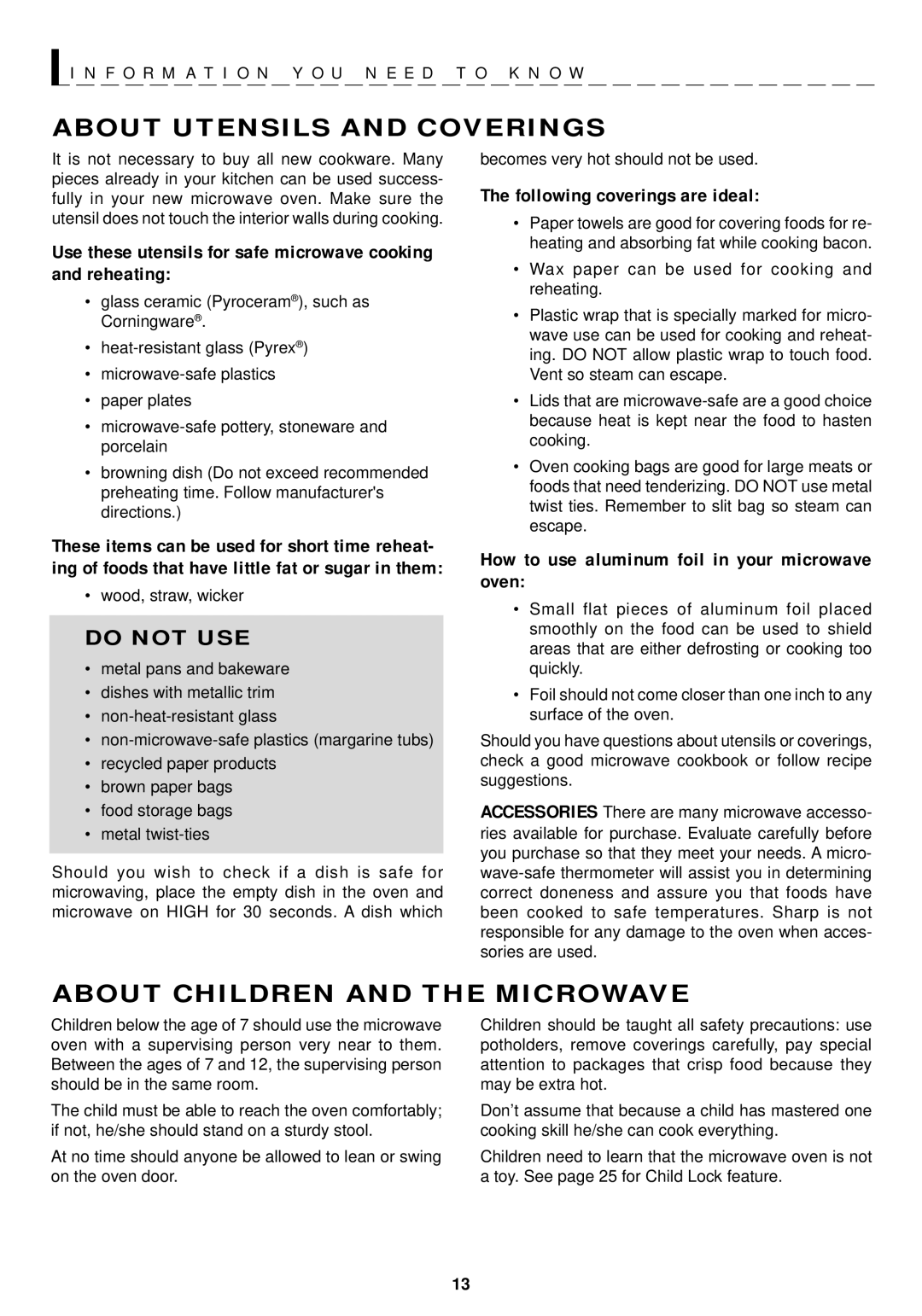 Sharp R-1210, R-1211 operation manual About Utensils and Coverings, About Children and the Microwave 