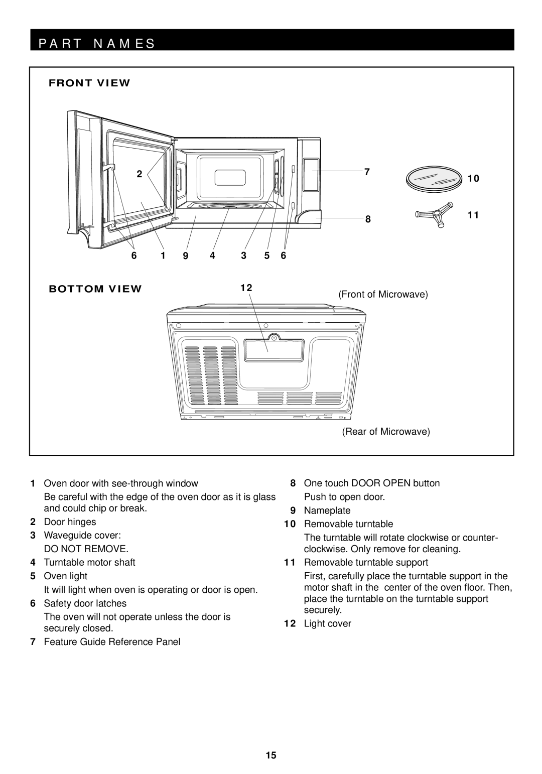 Sharp R-1210, R-1211 operation manual Front View Bottom View, Front of Microwave Rear of Microwave, Do not Remove 