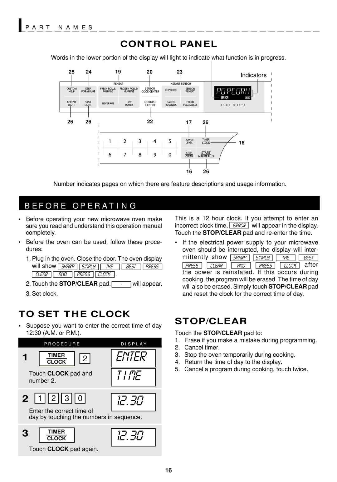 Sharp R-1211, R-1210 operation manual F O R E O P E R a T I N G, Control Panel, To SET the Clock, Stop/Clear 