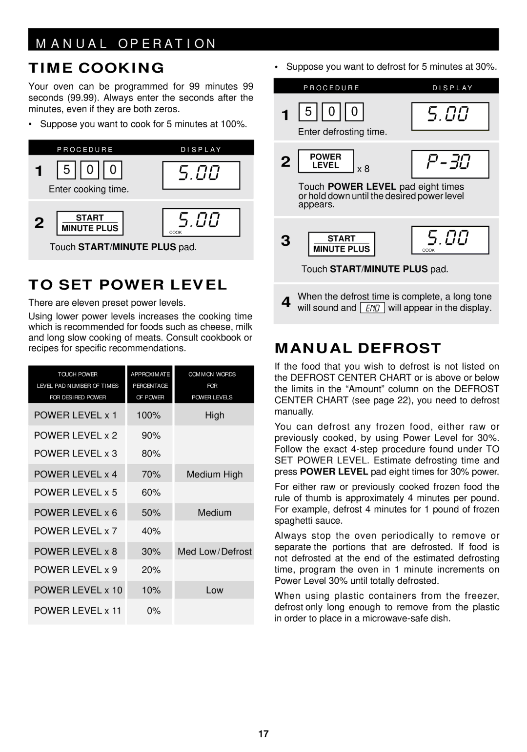 Sharp R-1210 N U a L O P E R a T I O N, Time Cooking, To SET Power Level, Manual Defrost, Touch START/MINUTE Plus pad 