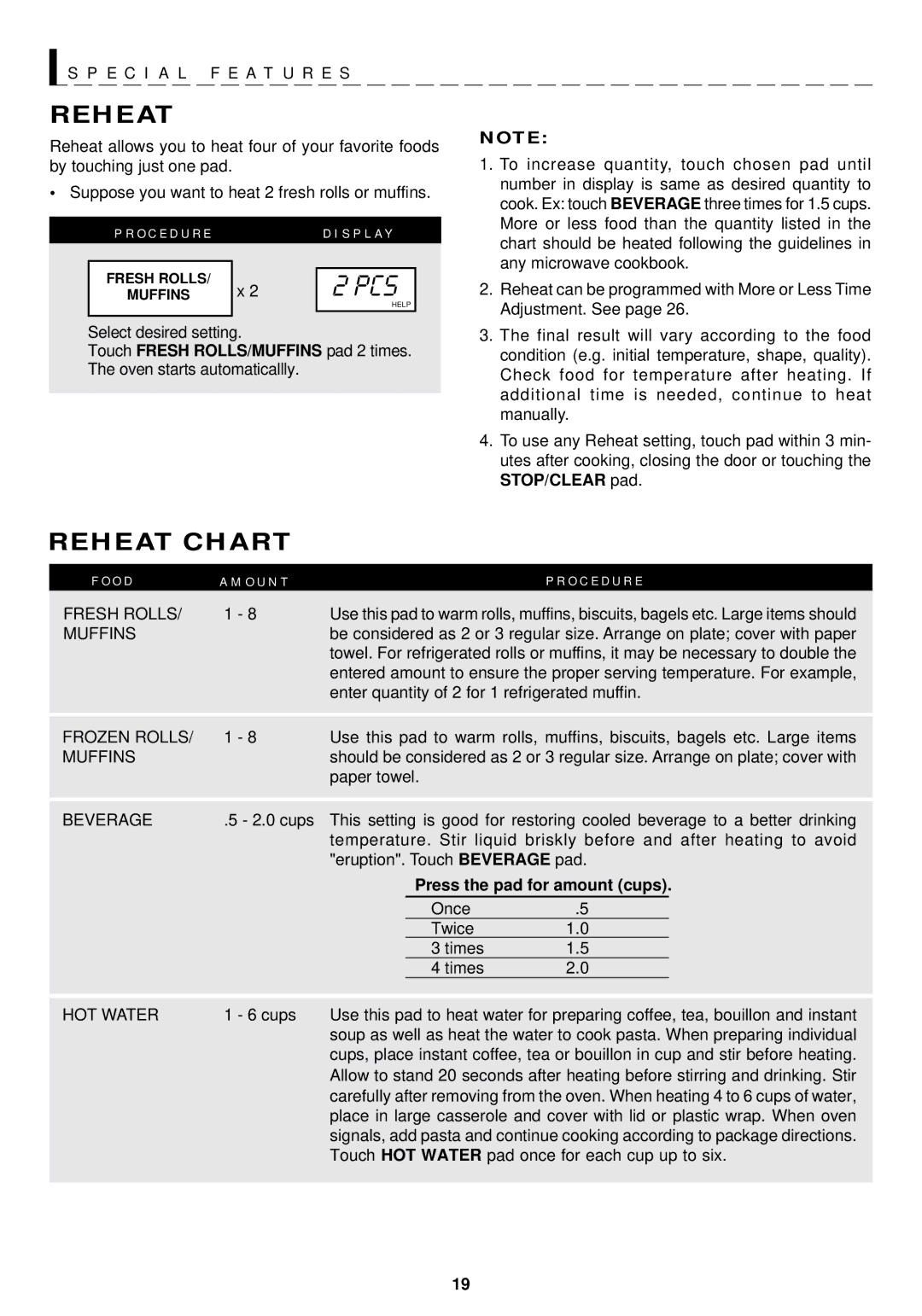 Sharp R-1210, R-1211 operation manual Reheat Chart, Press the pad for amount cups 