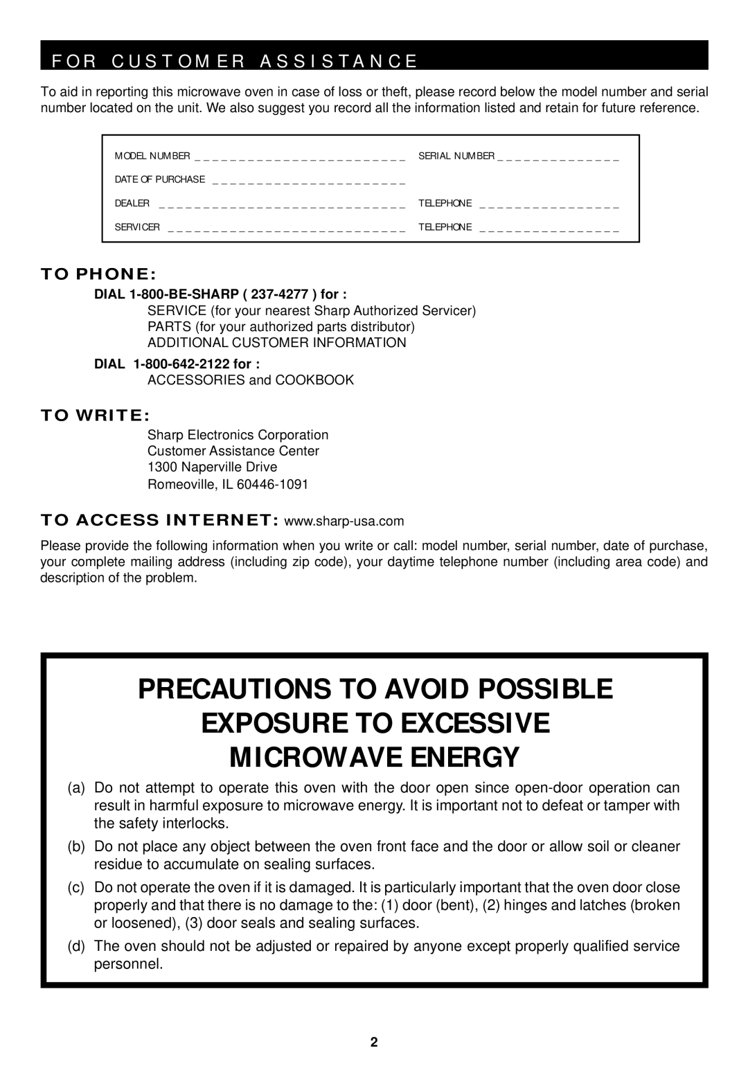 Sharp R-1211 R C U S T O M E R a S S I S T a N C E, Dial 1-800-BE-SHARP 237-4277 for, Additional Customer Information 