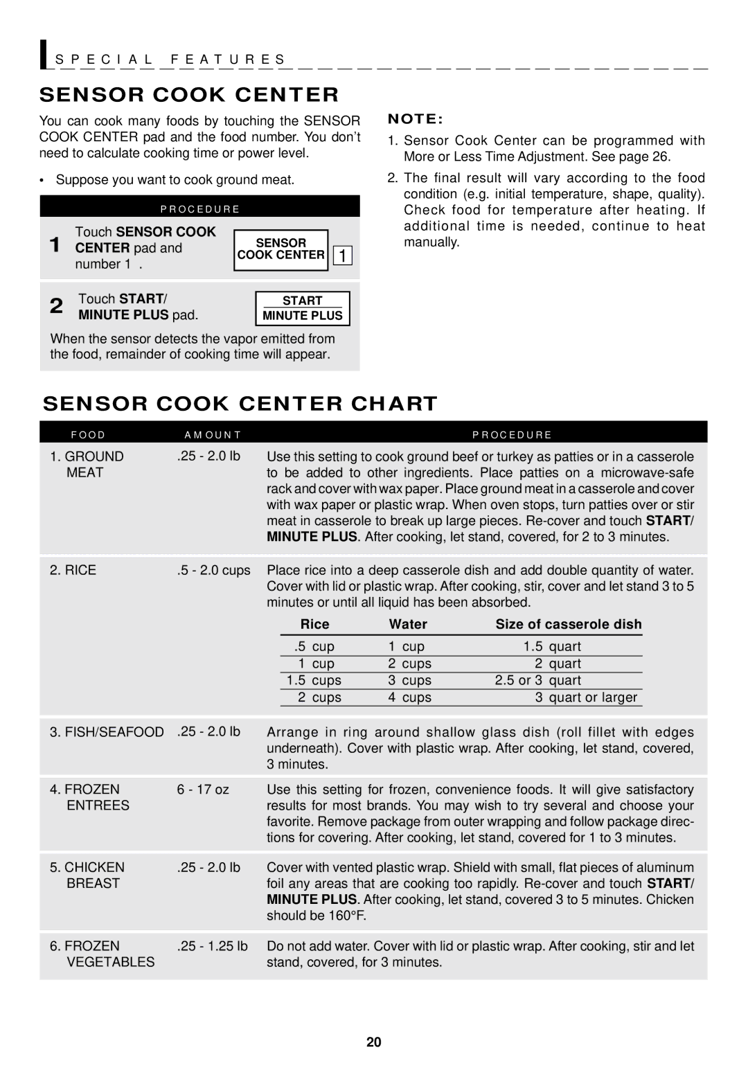 Sharp R-1211, R-1210 operation manual Sensor Cook Center Chart, Touch Sensor Cook Center pad, Minute Plus pad 