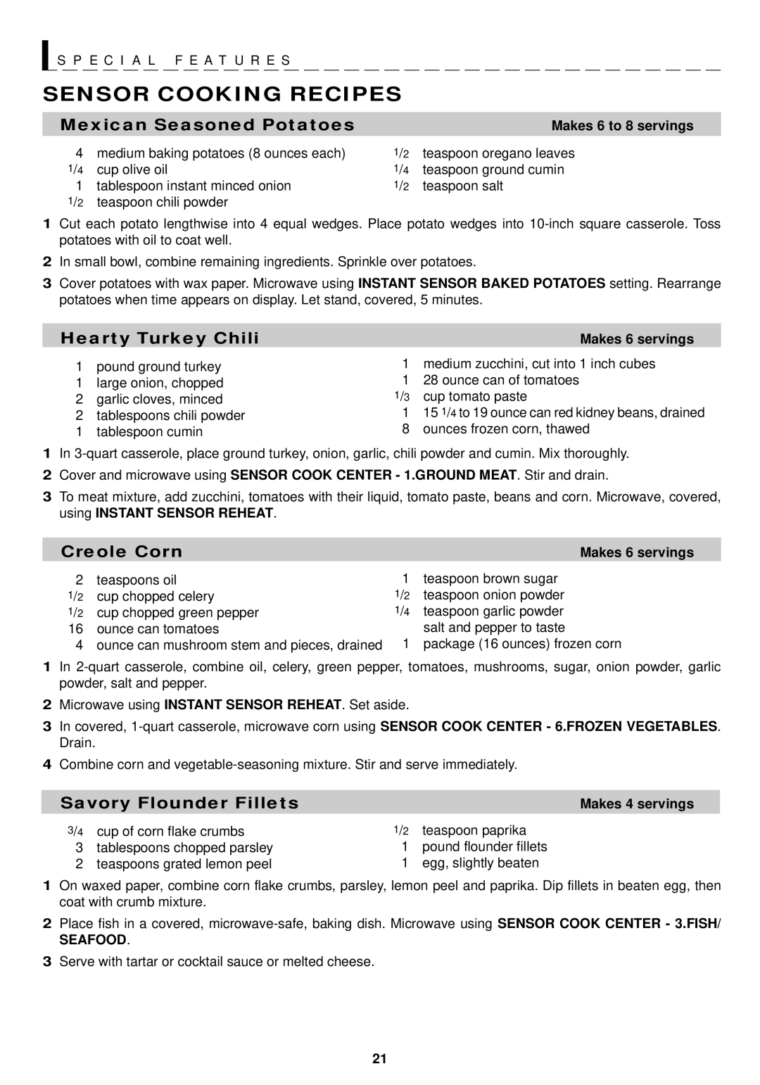 Sharp R-1210, R-1211 Sensor Cooking Recipes, Makes 6 to 8 servings, Makes 6 servings, Makes 4 servings, Seafood 
