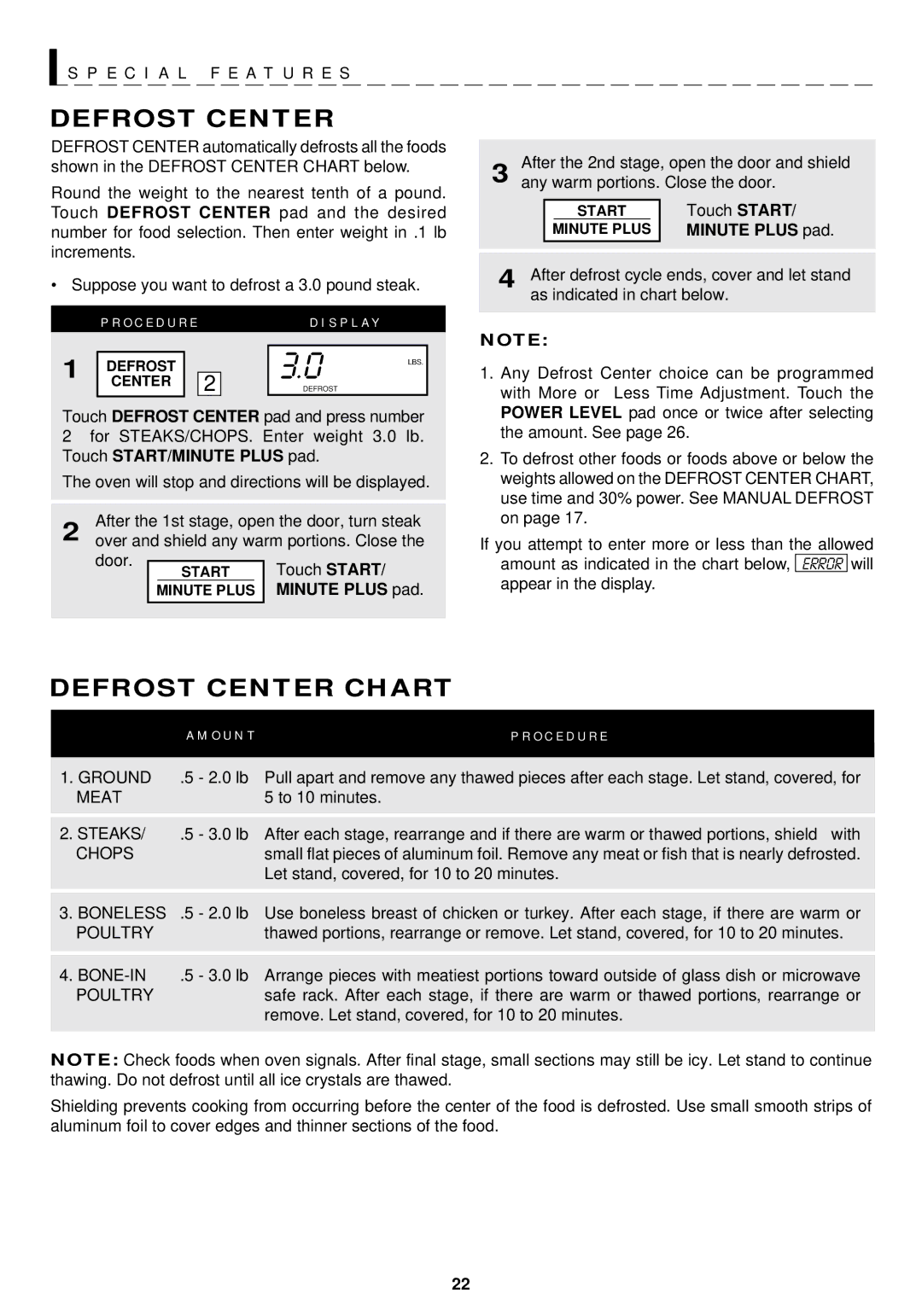 Sharp R-1211, R-1210 operation manual Defrost Center Chart, Touch Start 