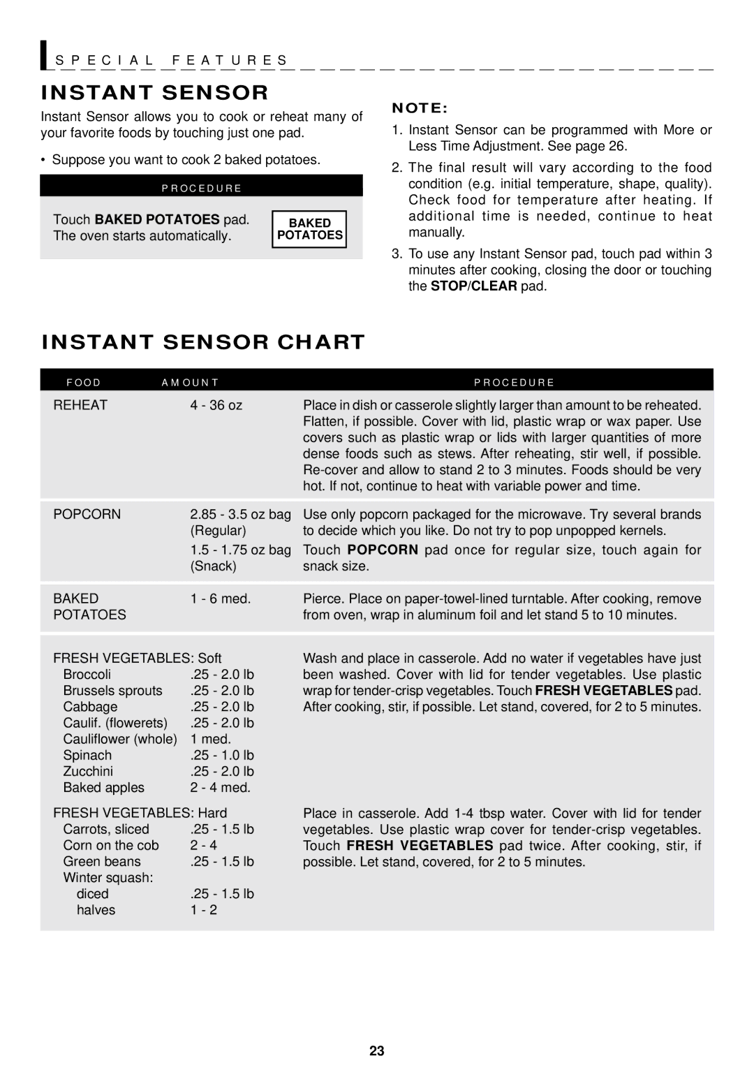 Sharp R-1210, R-1211 operation manual Instant Sensor Chart, Touch Baked Potatoes pad 