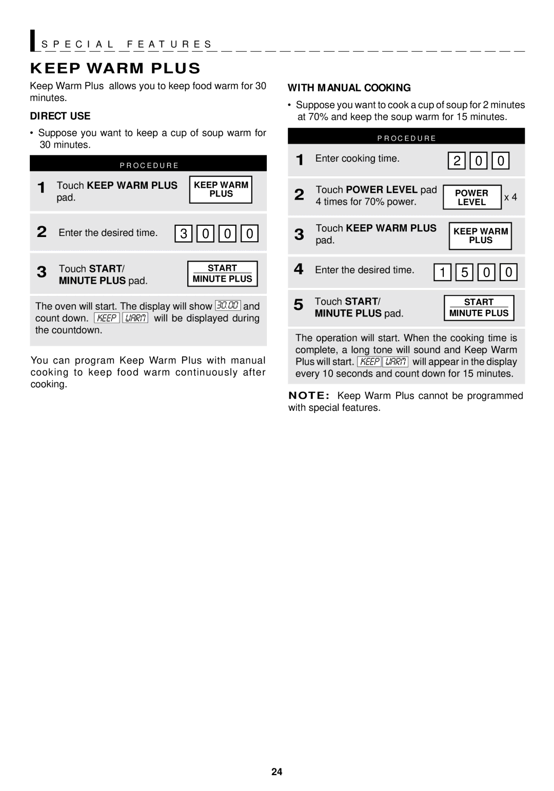 Sharp R-1211, R-1210 operation manual Touch Keep Warm Plus, Touch Power Level pad, Touch START/ Minute Plus pad 