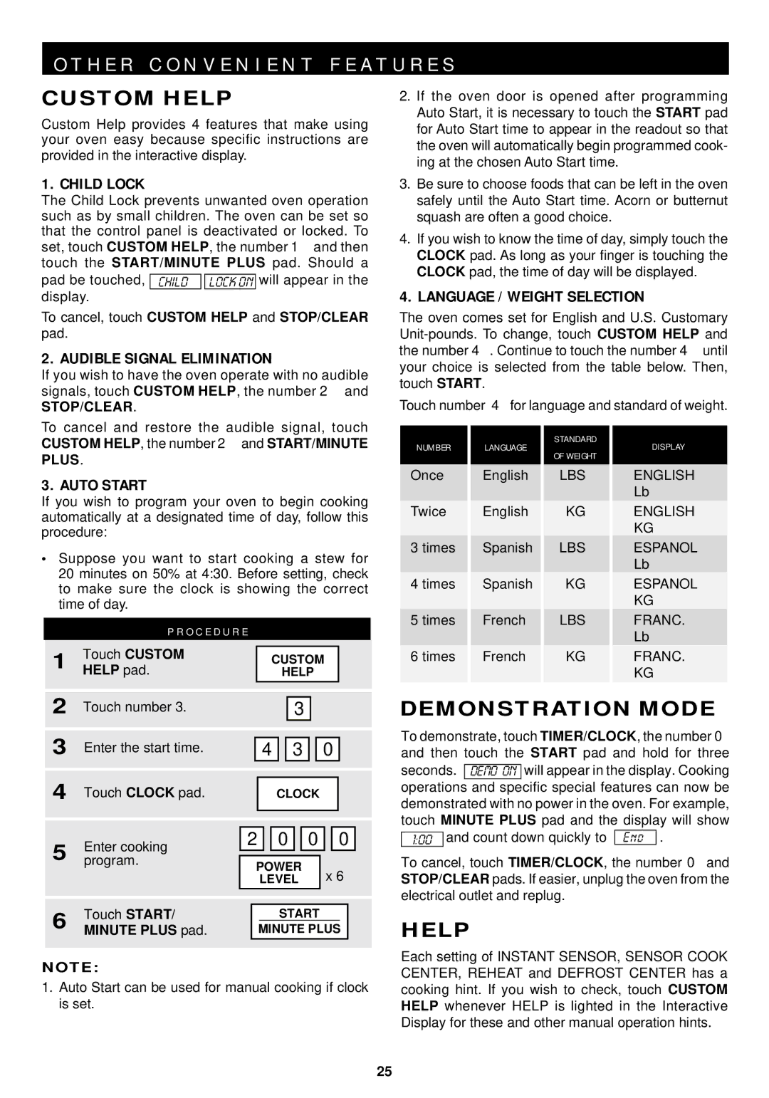 Sharp R-1210, R-1211 operation manual H E R C O N V E N I E N T F E a T U R E S, Custom Help, Demonstration Mode, Stop/Clear 