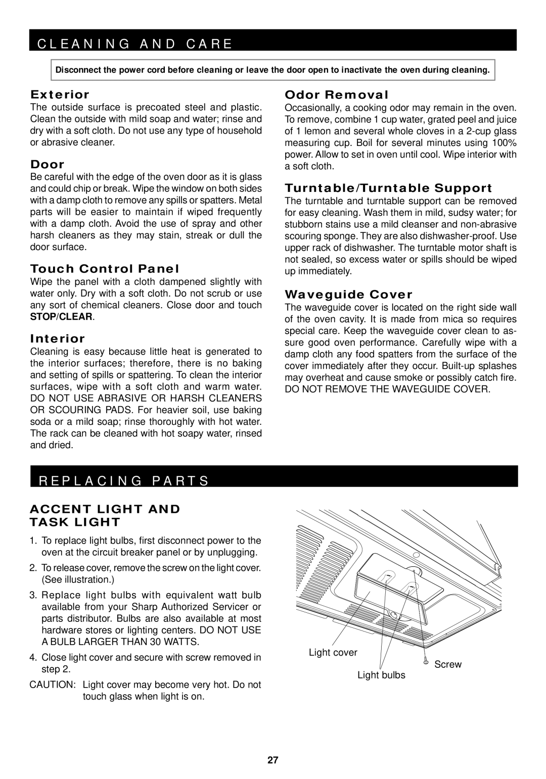 Sharp R-1210, R-1211 operation manual E a N I N G a N D C a R E, P L a C I N G P a R T S, Do not Remove the Waveguide Cover 