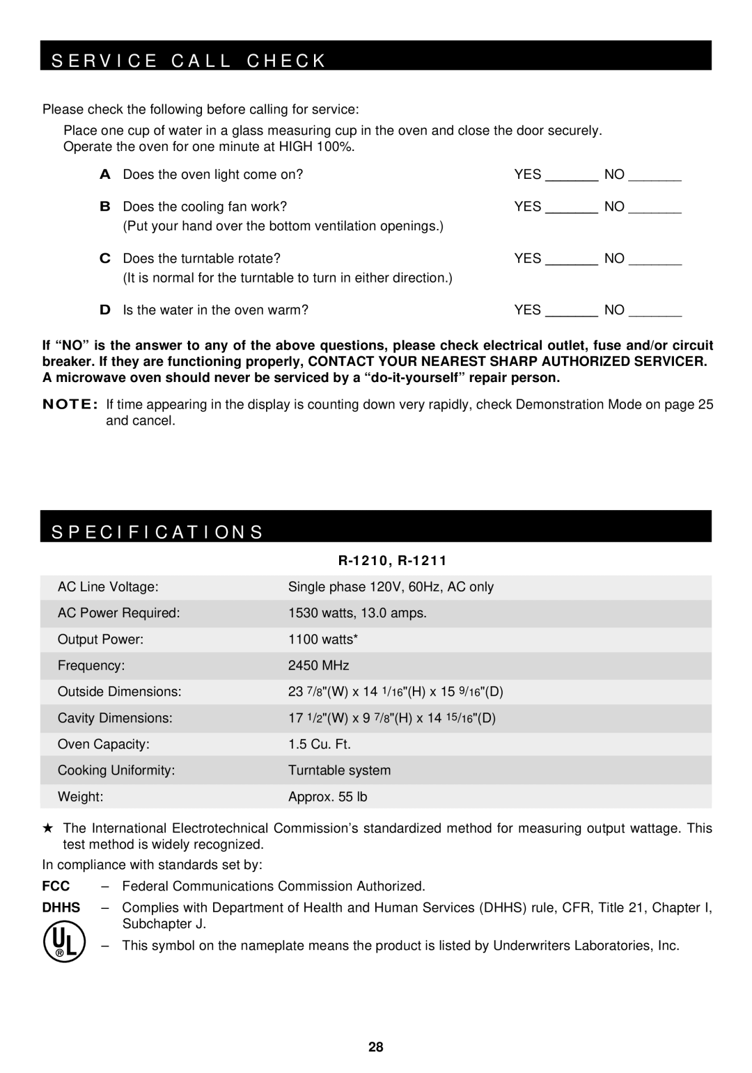 Sharp R-1210 operation manual R V I C E C a L L C H E C K, Specification S, 1210, R-1211, Fcc, Dhhs 