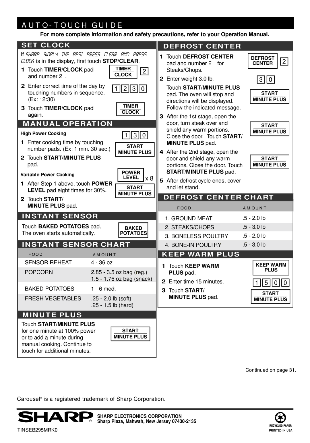 Sharp R-1211 Touch Defrost Center, Touch TIMER/CLOCK pad and number, Touch TIMER/CLOCK pad again, Touch START/MINUTE Plus 