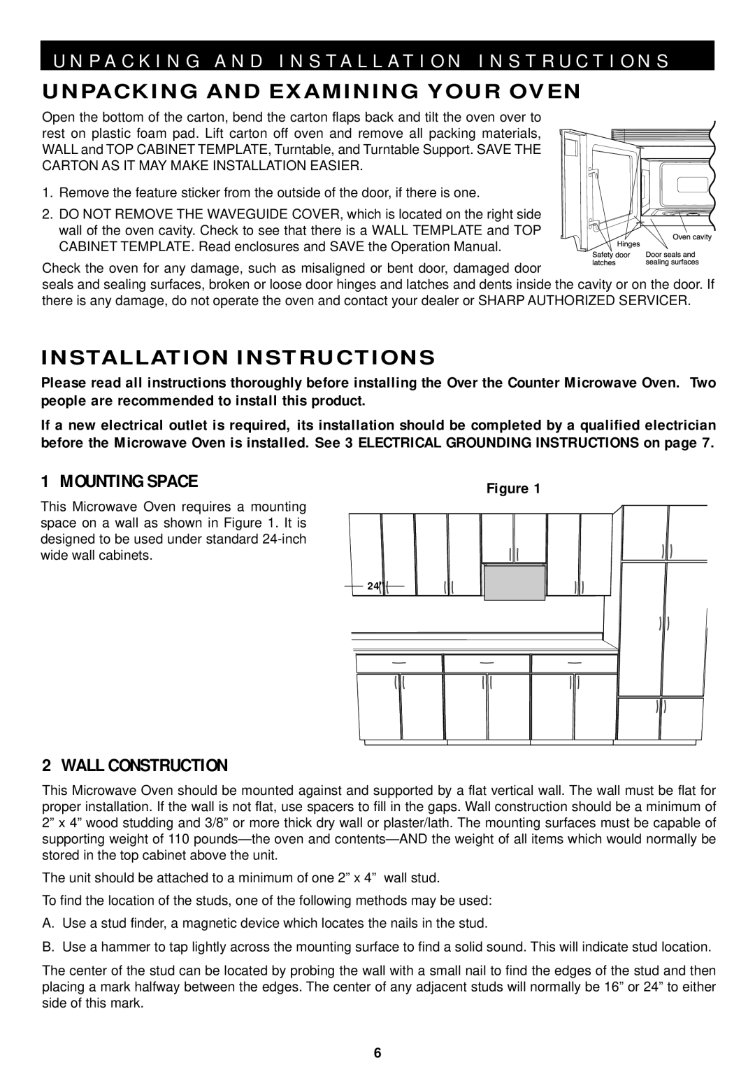 Sharp R-1211, R-1210 Unpacking and Examining Your Oven, Installation Instructions, Mounting Space, Wall Construction 