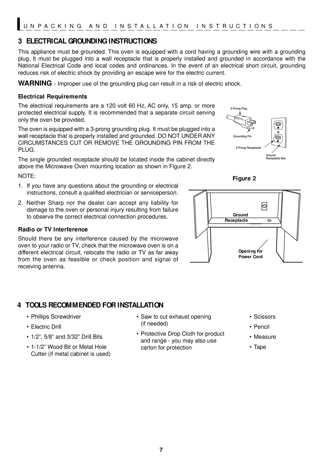 Sharp R-1210, R-1211 operation manual Electrical Grounding Instructions, Tools Recommended for Installation 