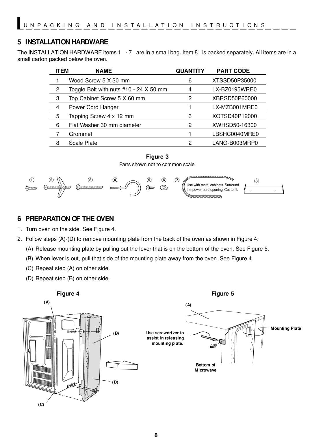 Sharp R-1211, R-1210 operation manual Installation Hardware, Preparation of the Oven, Name Quantity Part Code 