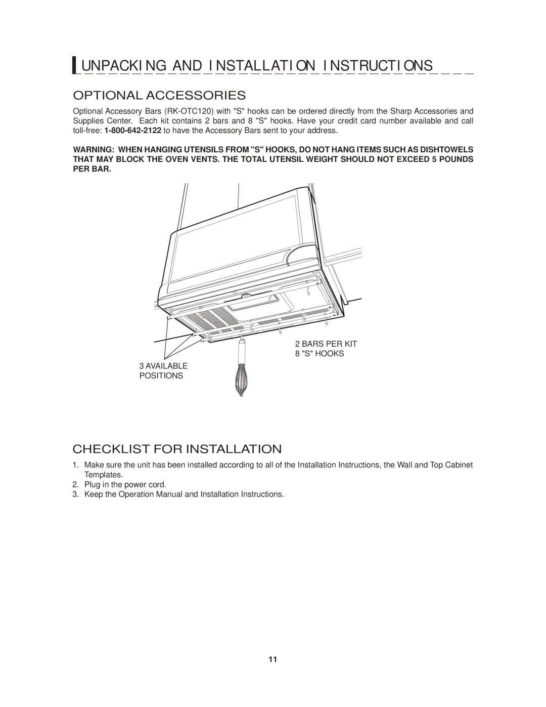 Sharp R-1214 operation manual Optional Accessories, Checklist for Installation, Bars PER KIT Hooks Available Positions 