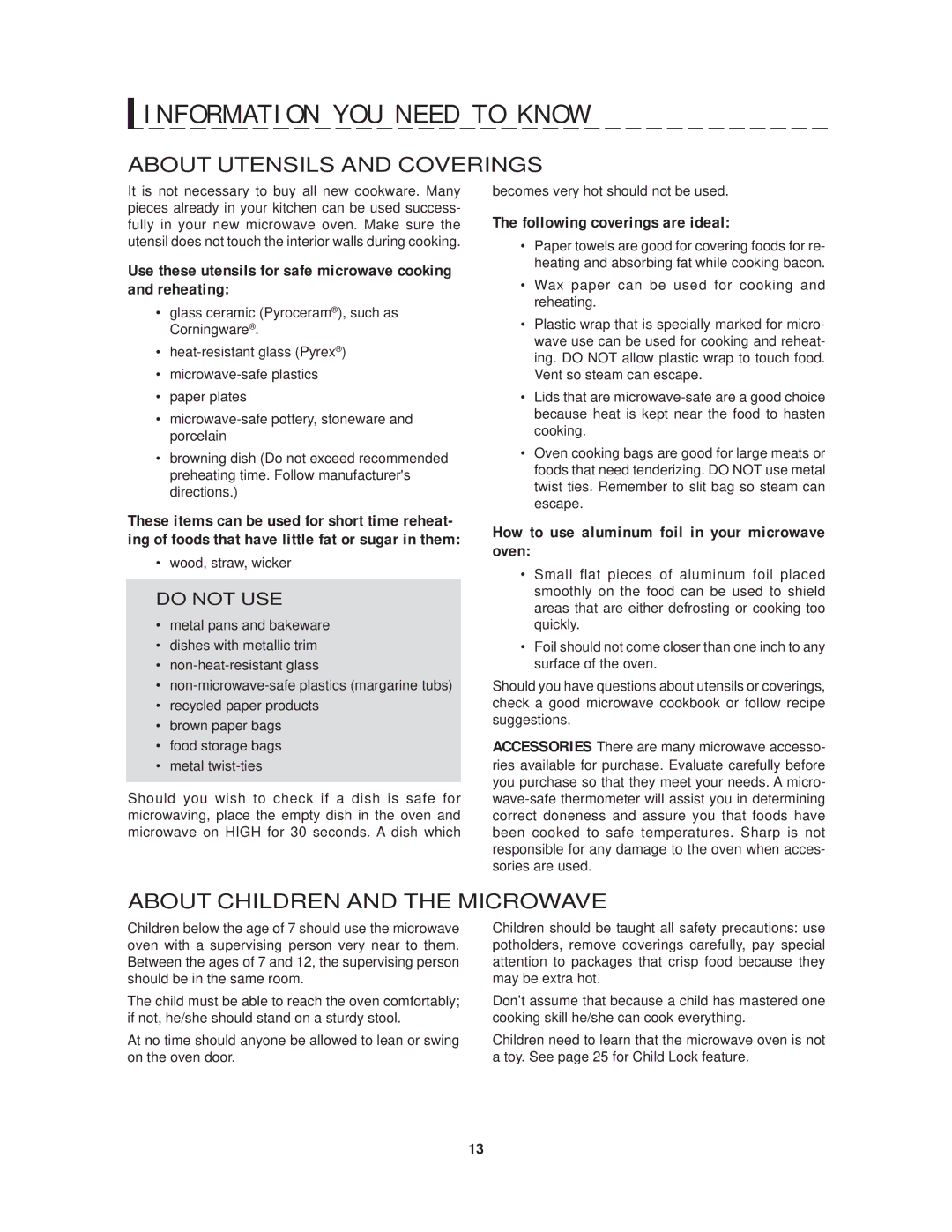 Sharp R-1214 operation manual About Utensils and Coverings, About Children and the Microwave 