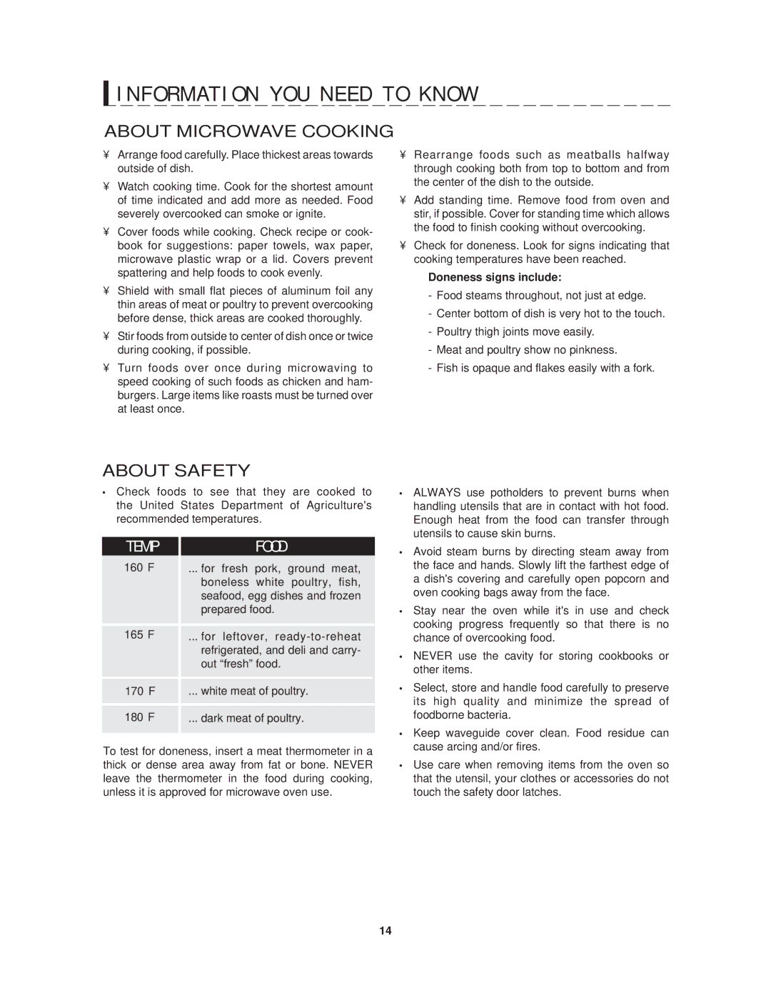 Sharp R-1214 operation manual About Microwave Cooking, About Safety, Doneness signs include 