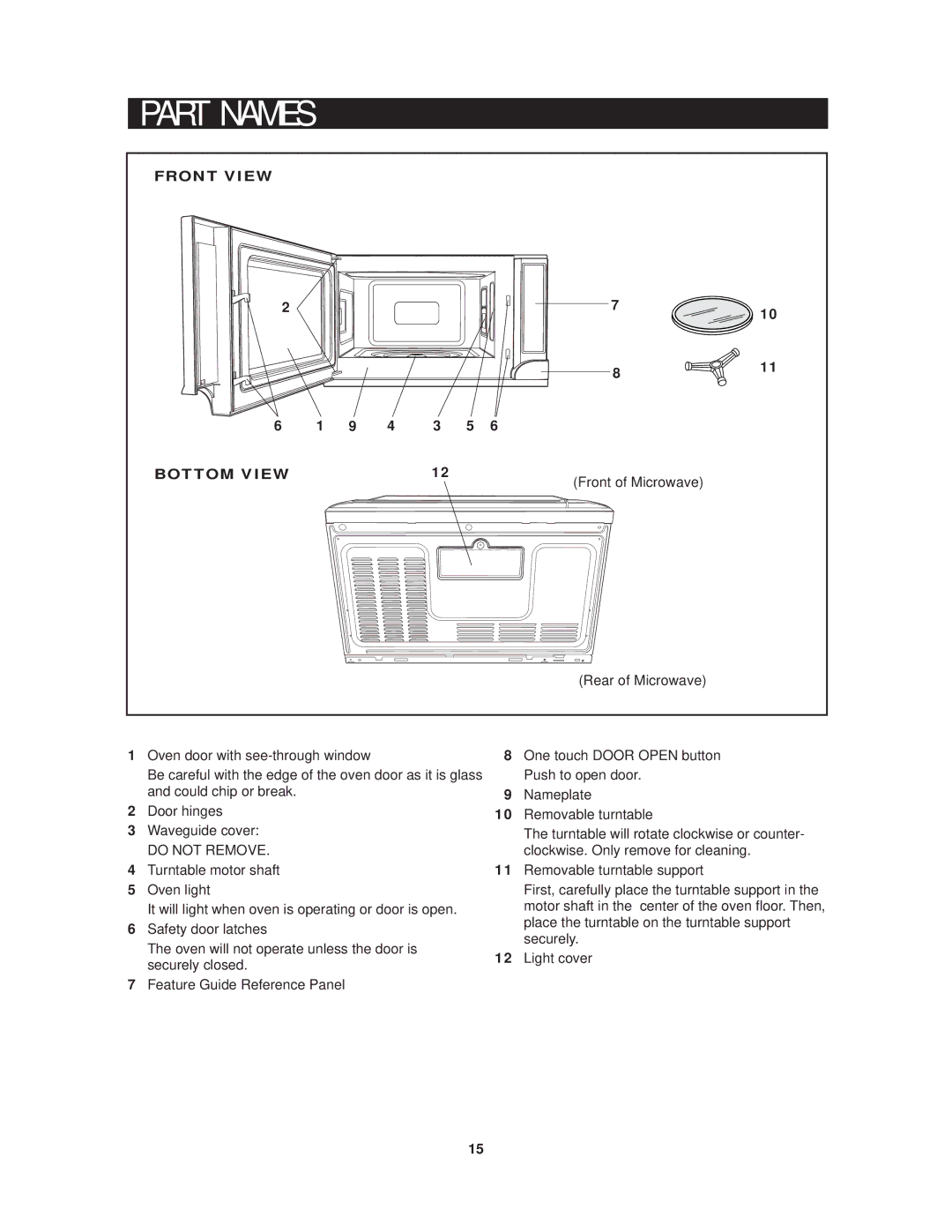 Sharp R-1214 operation manual Front View Bottom View, Front of Microwave Rear of Microwave, Do not Remove 