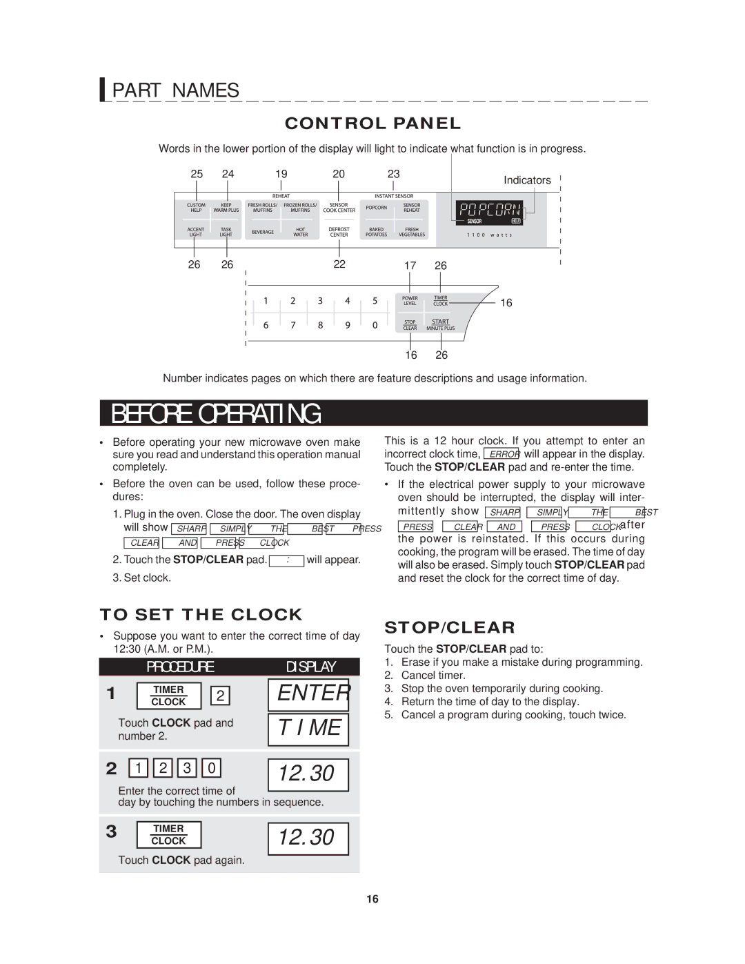 Sharp R-1214 operation manual F O R E O P E R a T I N G, Control Panel, To SET the Clock, Stop/Clear 