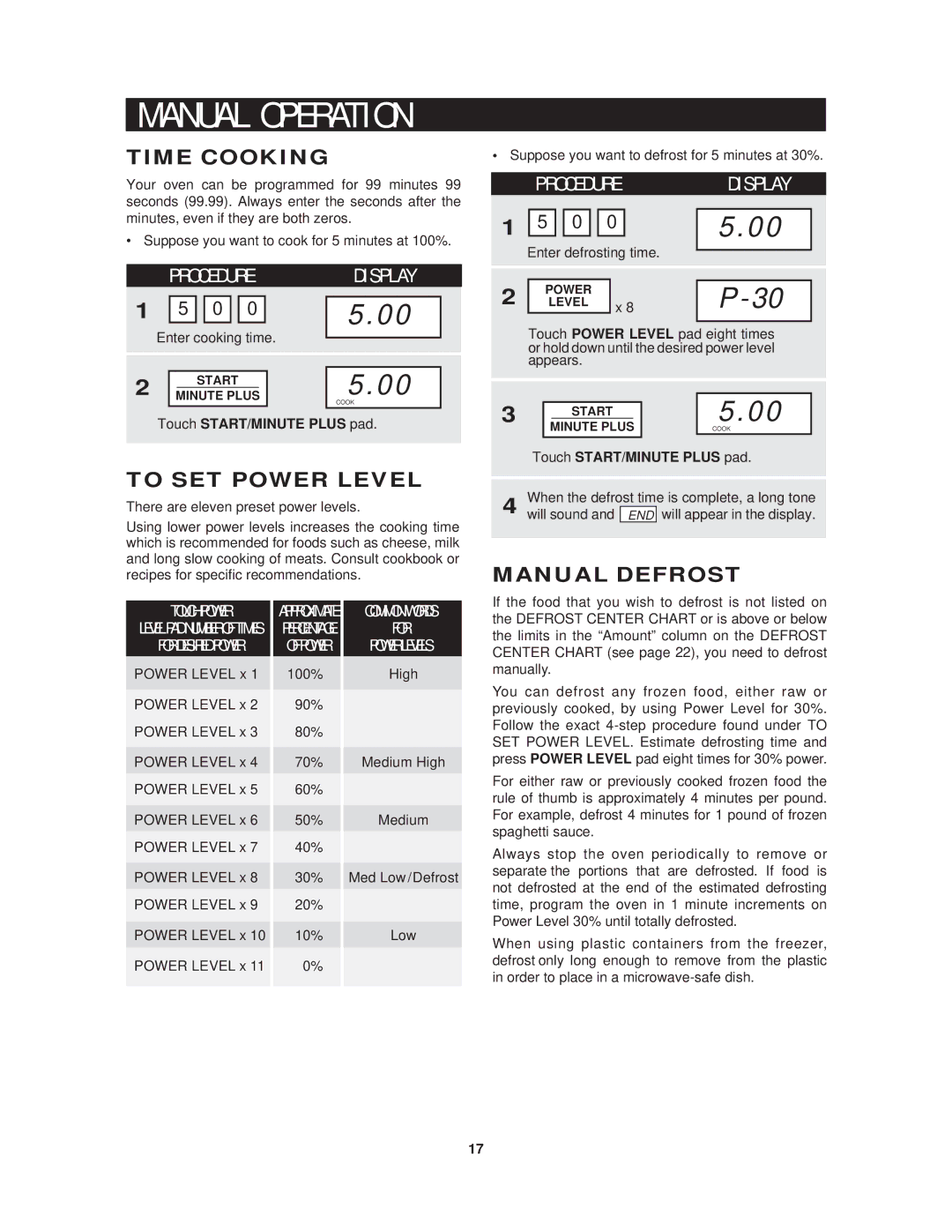 Sharp R-1214 N U a L O P E R a T I O N, Time Cooking, To SET Power Level, Manual Defrost, Touch START/MINUTE Plus pad 