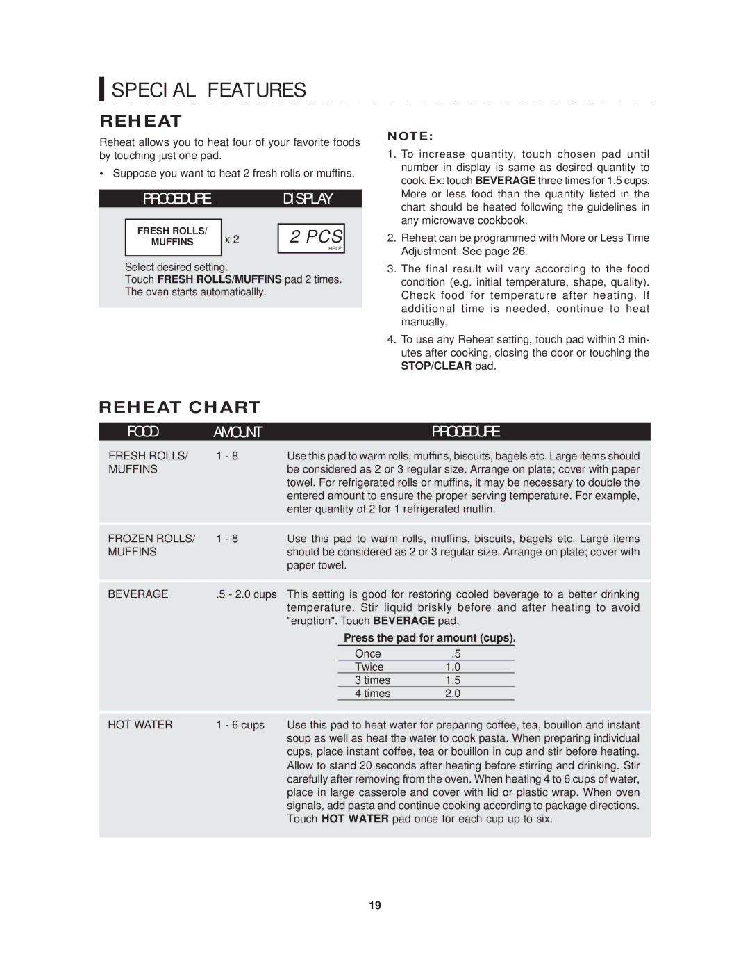 Sharp R-1214 operation manual Reheat Chart, Press the pad for amount cups 