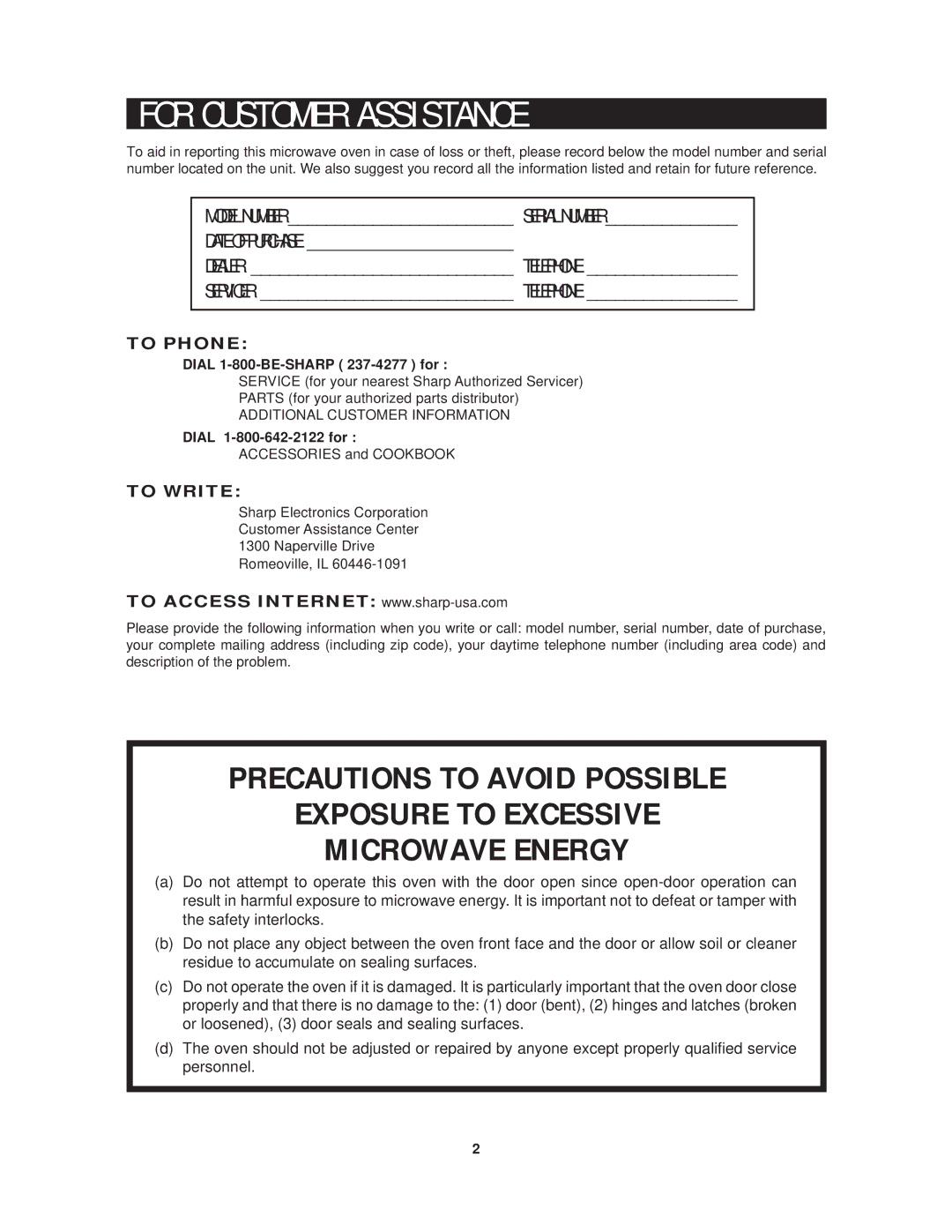 Sharp R-1214 R C U S T O M E R a S S I S T a N C E, Dial 1-800-BE-SHARP 237-4277 for, Additional Customer Information 