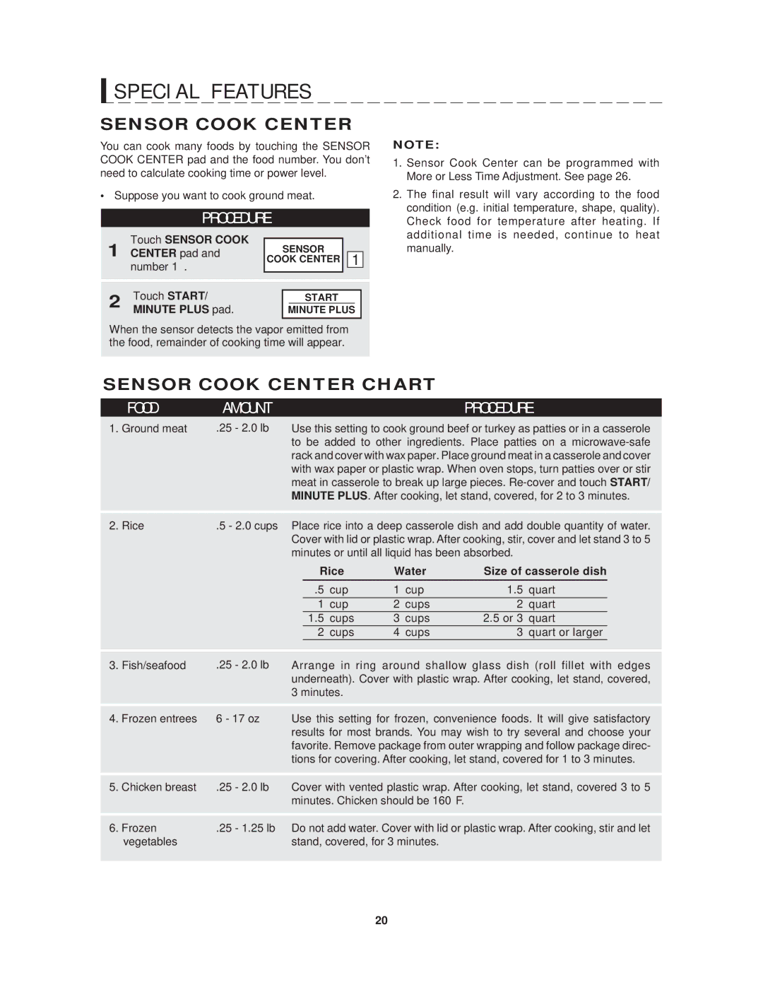 Sharp R-1214 operation manual Sensor Cook Center Chart, Touch Sensor Cook Center pad, Minute Plus pad 