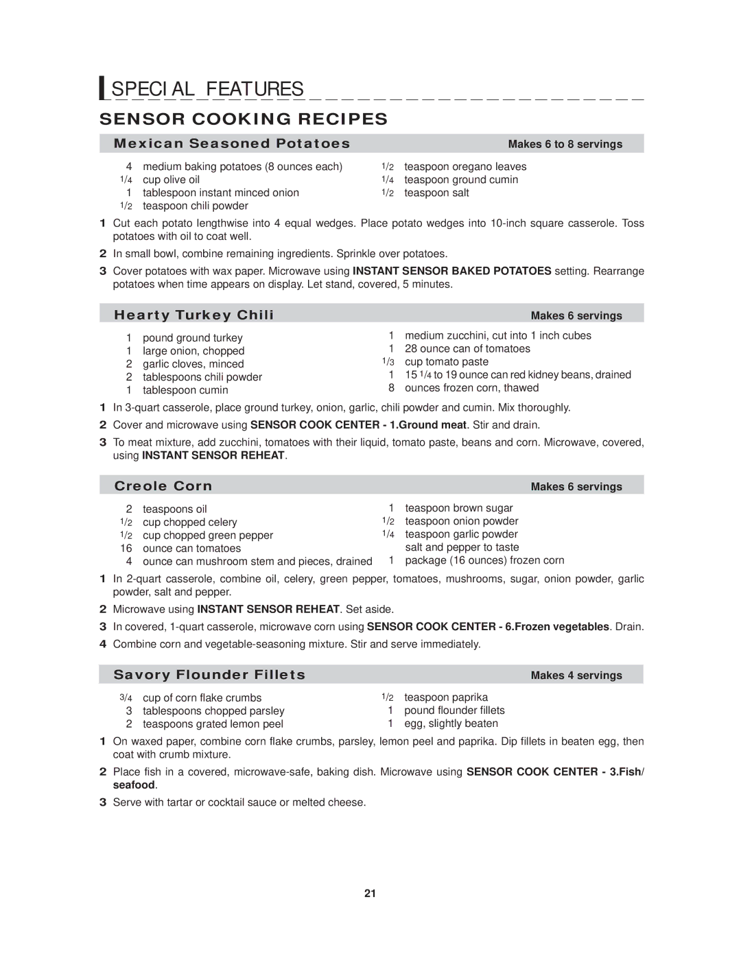 Sharp R-1214 operation manual Sensor Cooking Recipes, Makes 6 to 8 servings, Makes 6 servings, Makes 4 servings 