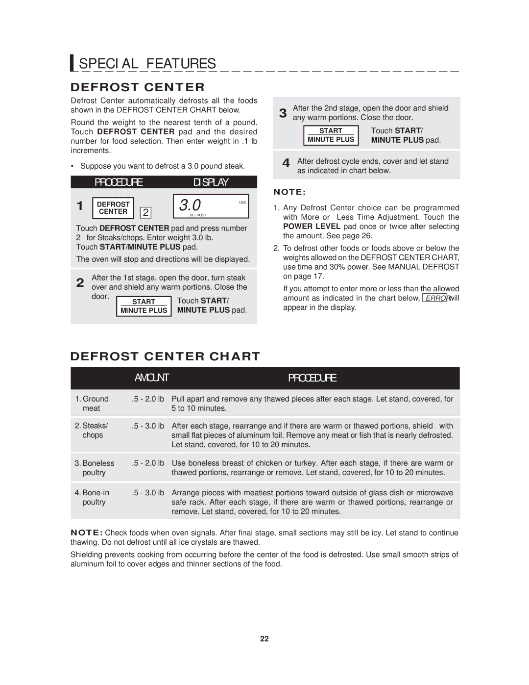 Sharp R-1214 operation manual Defrost Center Chart, After the 1st stage, open the door, turn steak, Door, Touch Start 