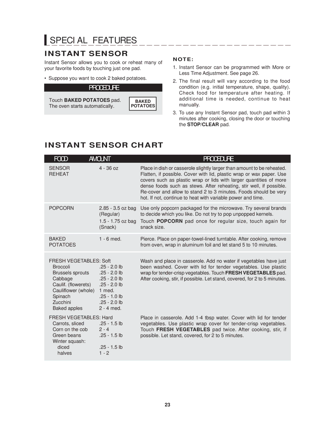 Sharp R-1214 operation manual Instant Sensor Chart, Touch Baked Potatoes pad 