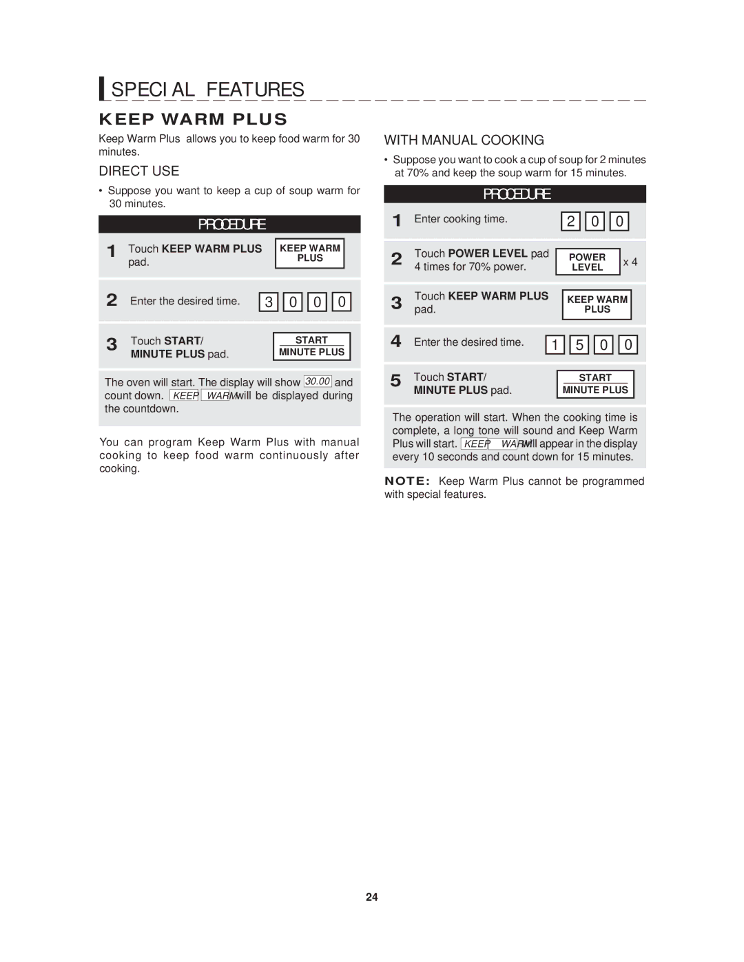 Sharp R-1214 operation manual Touch Keep Warm Plus, Pad, Touch Power Level pad 