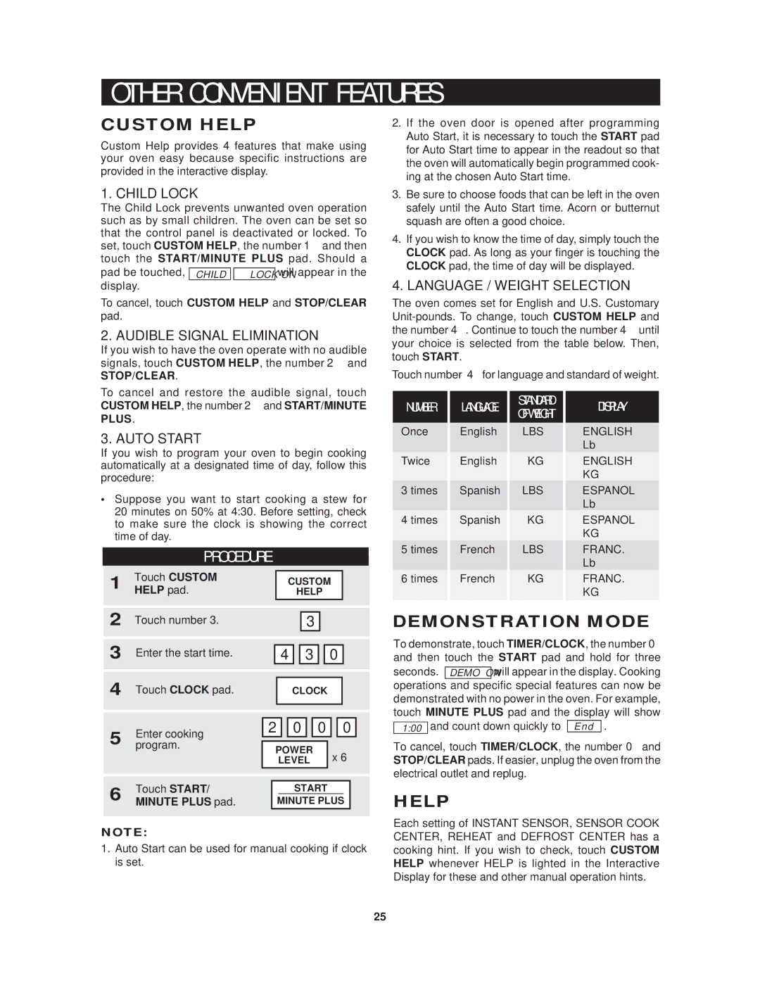 Sharp R-1214 operation manual H E R C O N V E N I E N T F E a T U R E S, Custom Help, Demonstration Mode, Stop/Clear 