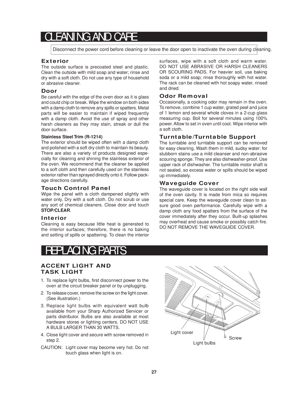 Sharp operation manual E a N I N G a N D C a R E, P L a C I N G P a R T S, Stainless Steel Trim R-1214 